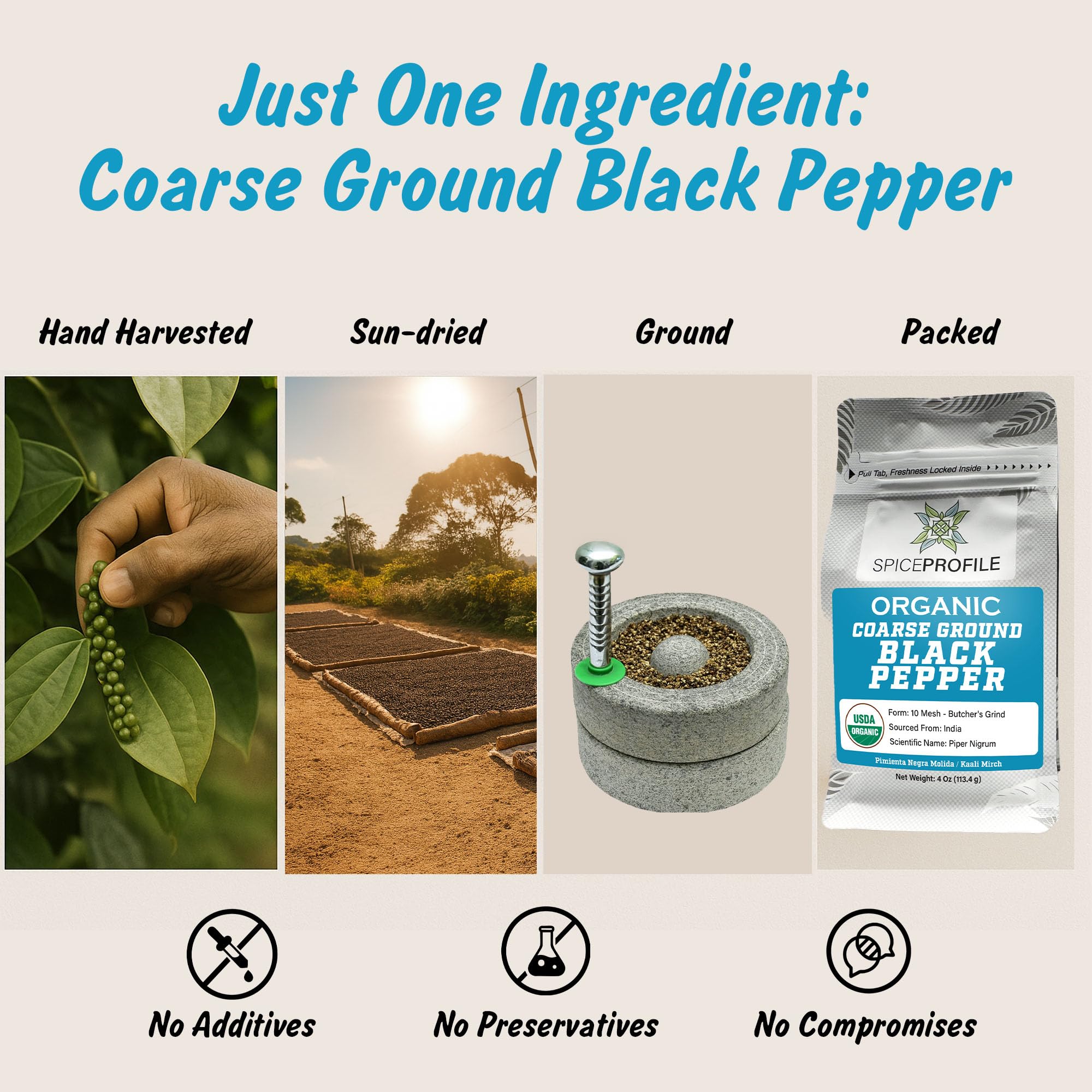 Spice Profile USDA Organic Coarse Ground Black Pepper, Lab Tested for Heavy Metals, Resealable 4 oz Pouch, Kaali Mirch, Pimienta Negra Molida