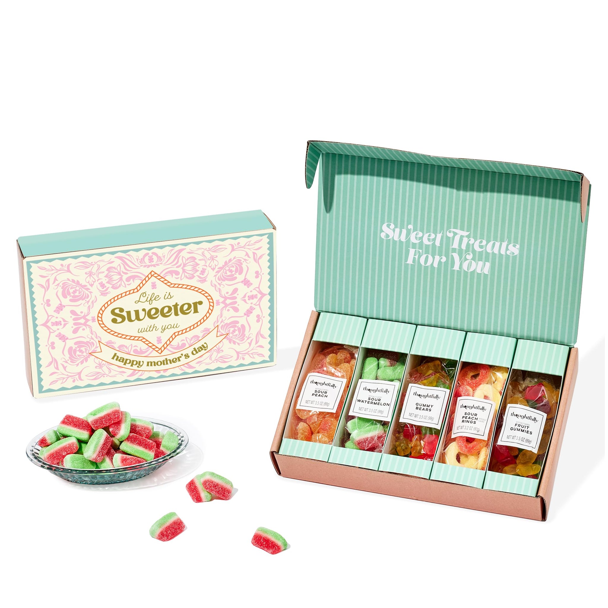 Thoughtfully, Mother’s Day Gummies Sweet Gift Box, Includes Gummy Bears, Sour Watermelon, Sour Peach Rings, Sour Peach Gummies & Fruit Gummies, Candy