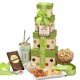 Broadway Basketeers Birthday Gift Tower Box for Men with 16oz Insulated Mug - Snack Tower Box with Savory Gourmet Snacks, Cookies, Nuts, Chocolate
