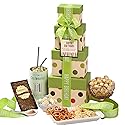 Broadway Basketeers Birthday Gift Tower Box for Men with 16oz Insulated Mug - Snack Tower Box with Savory Gourmet Snacks, Cookies, Nuts, Chocolate