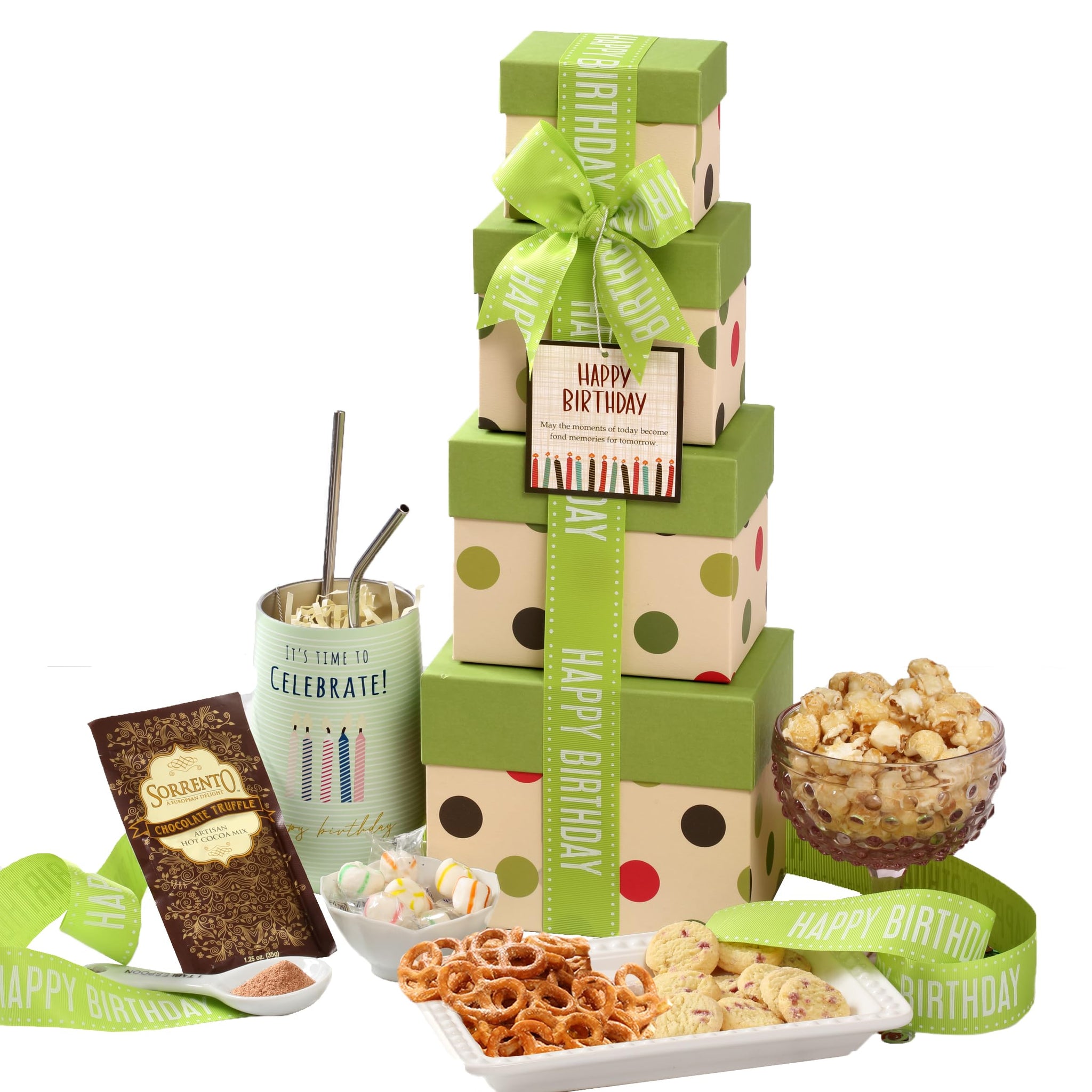 Broadway Basketeers Birthday Gift Tower Box for Men with 16oz Insulated Mug - Snack Tower Box with Savory Gourmet Snacks, Cookies, Nuts, Chocolate