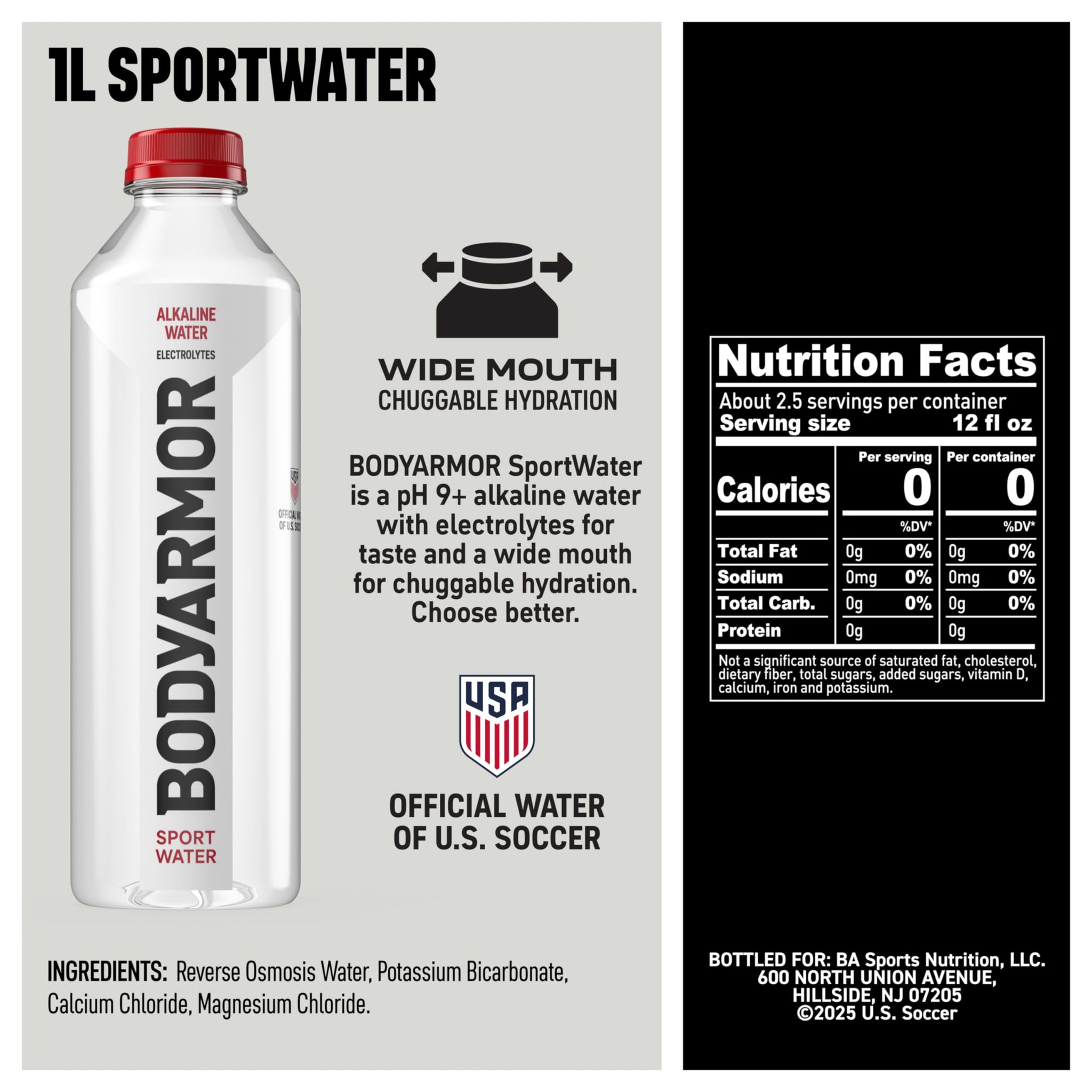 BODYARMOR SportWater Alkaline Water, High Alkaline Bottled Water, pH 9+, 1 Liter (12 Pack), Refreshing Electrolyte Water Pack, Wide Mouth Bottle