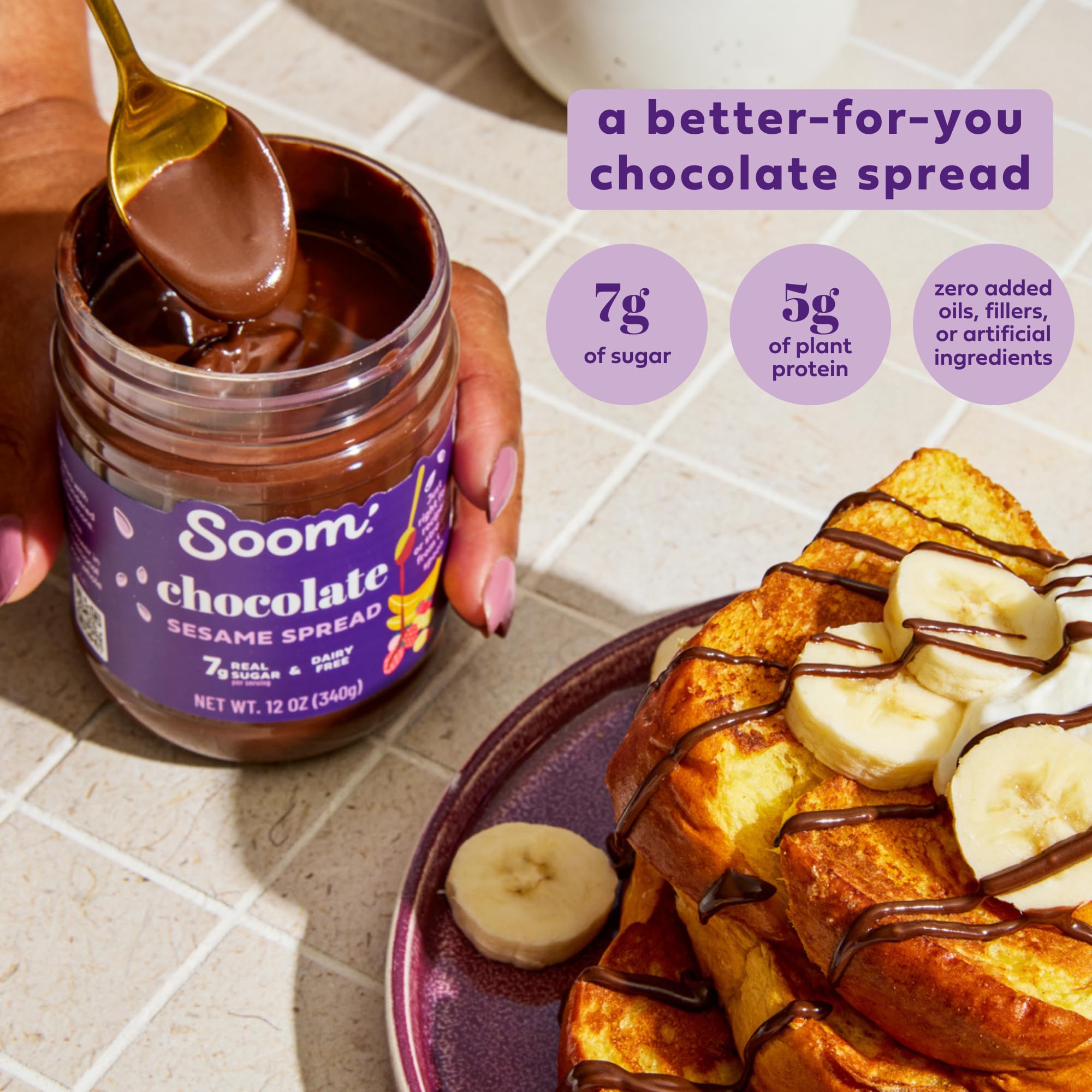 Soom Foods Chocolate Sesame Spread - 12oz | Made with 3 Ingredients, Low Sugar, Dairy-Free, No Nuts, No Gluten, Palm Oil-Free | 5g Protein | Better