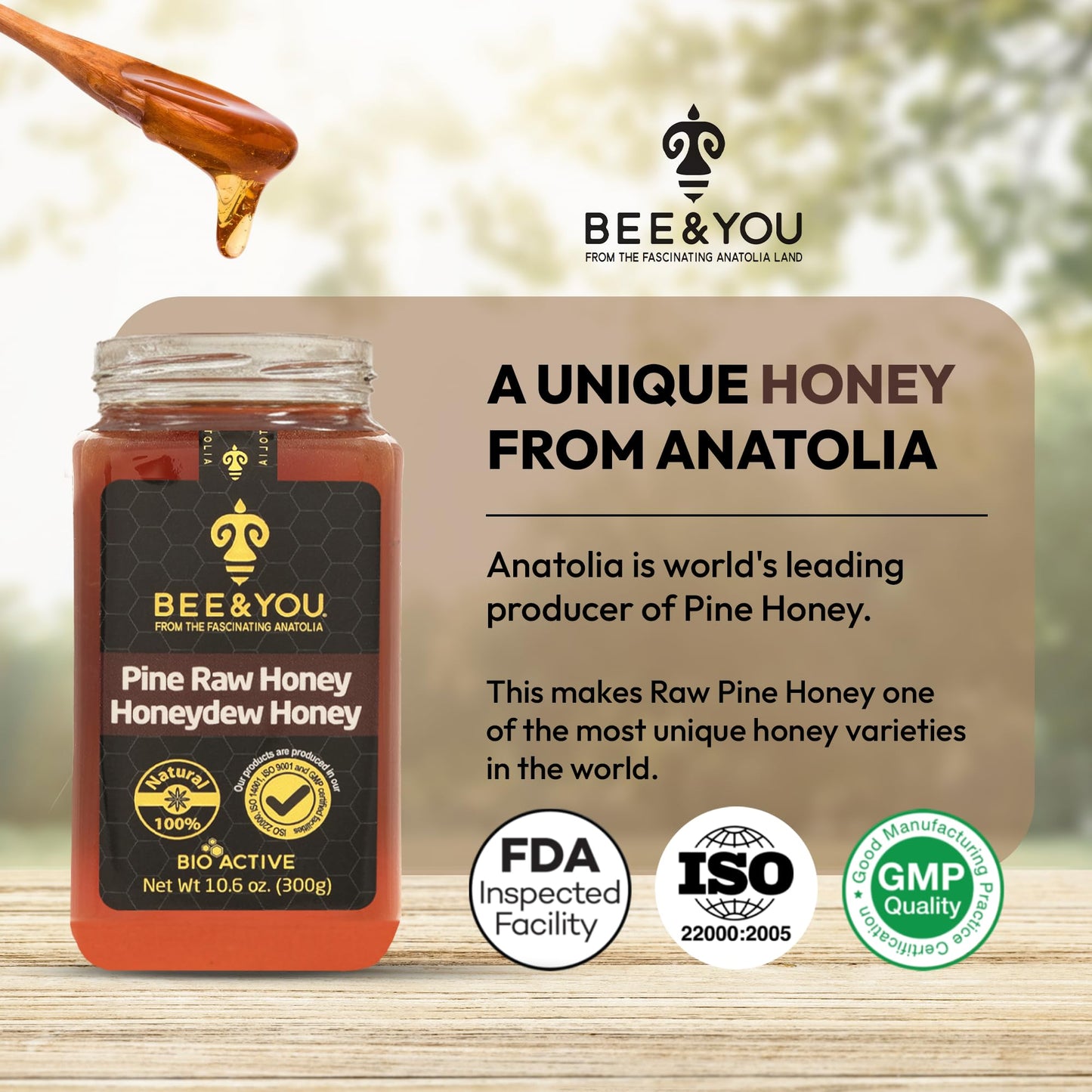 BEE and YOU Pine Raw Honey, Honeydew Honey, Wild-crafted, 100% Natural, Unprocessed, Enzymes, Antioxidants, Manuka Honey Alternative, Paleo