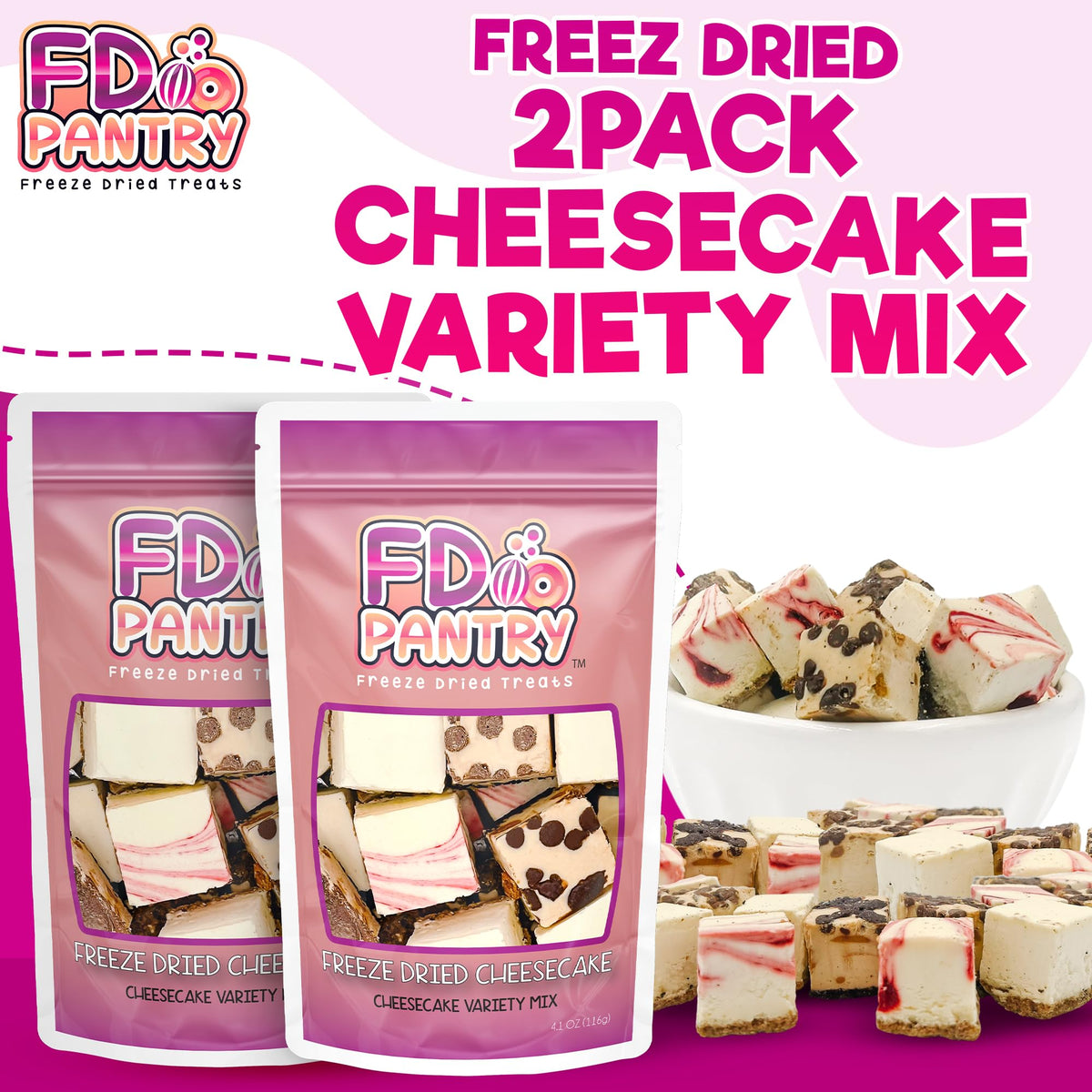 Freeze Dried Cheesecake Bites New York Style 4.1oz (6 Pack) - Caramel, Chocolate Chip and Strawberry Swirl Freeze Dried Dessert - Mini Chocolate