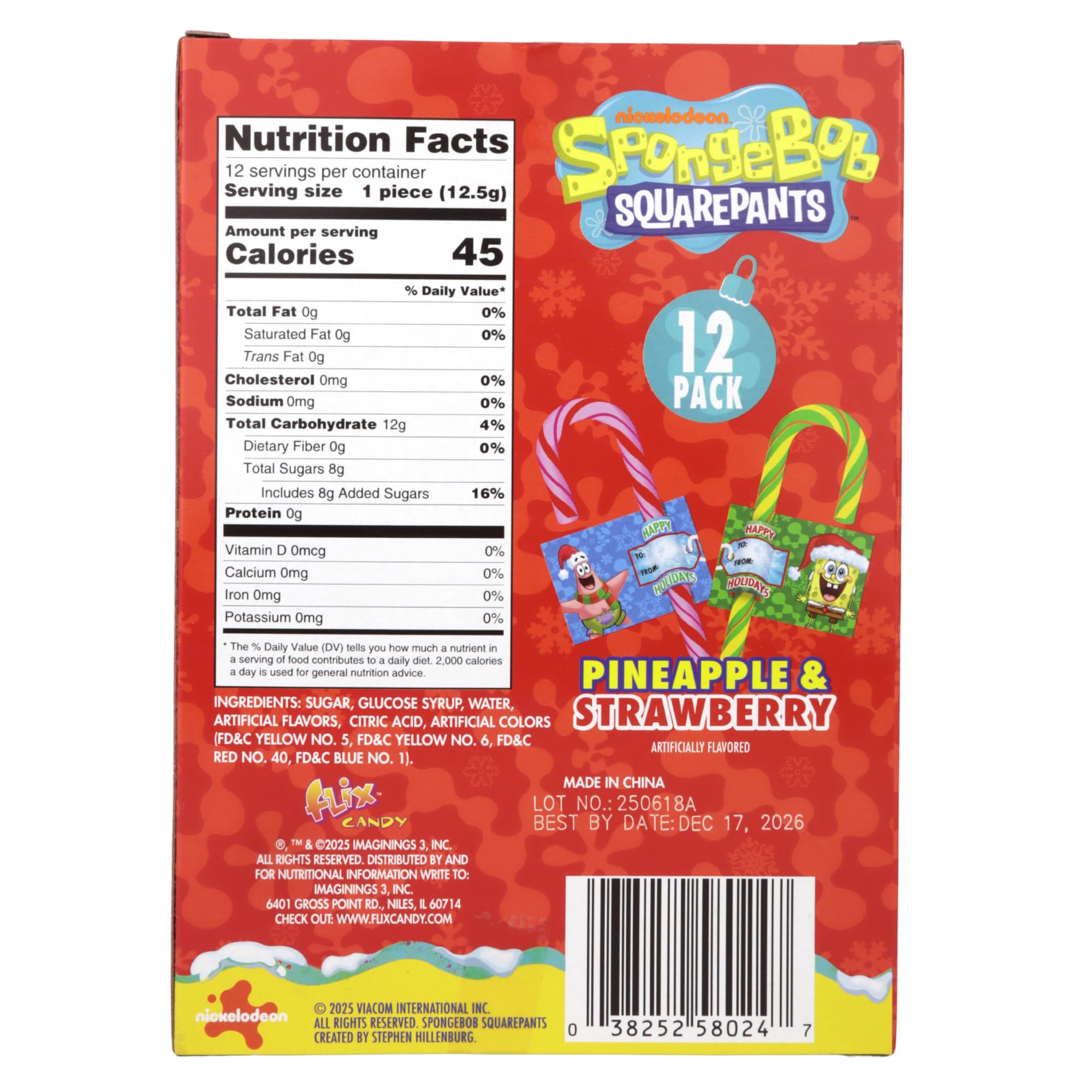 SpongeBob SquarePants Canes with Candygram Cards, Christmas Party Exchange Kit, Stocking Stuffer Treats, 12 Count, 5.29 Ounces