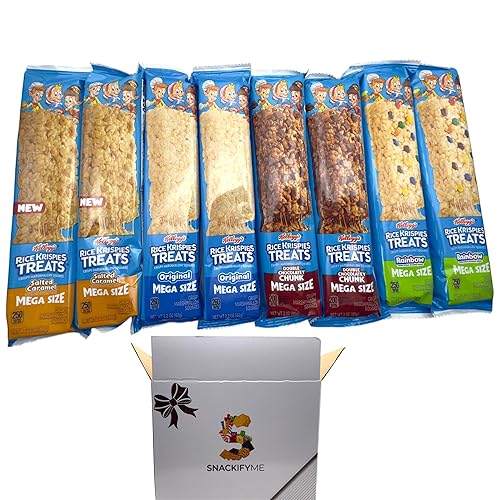 SNACKIFYME Gift box Mega Size Crispy Marshmallow Squares Variety Pack - Salted Caramel, Original, Double Chocolatey Chunk, Rainbow - 8 Pack