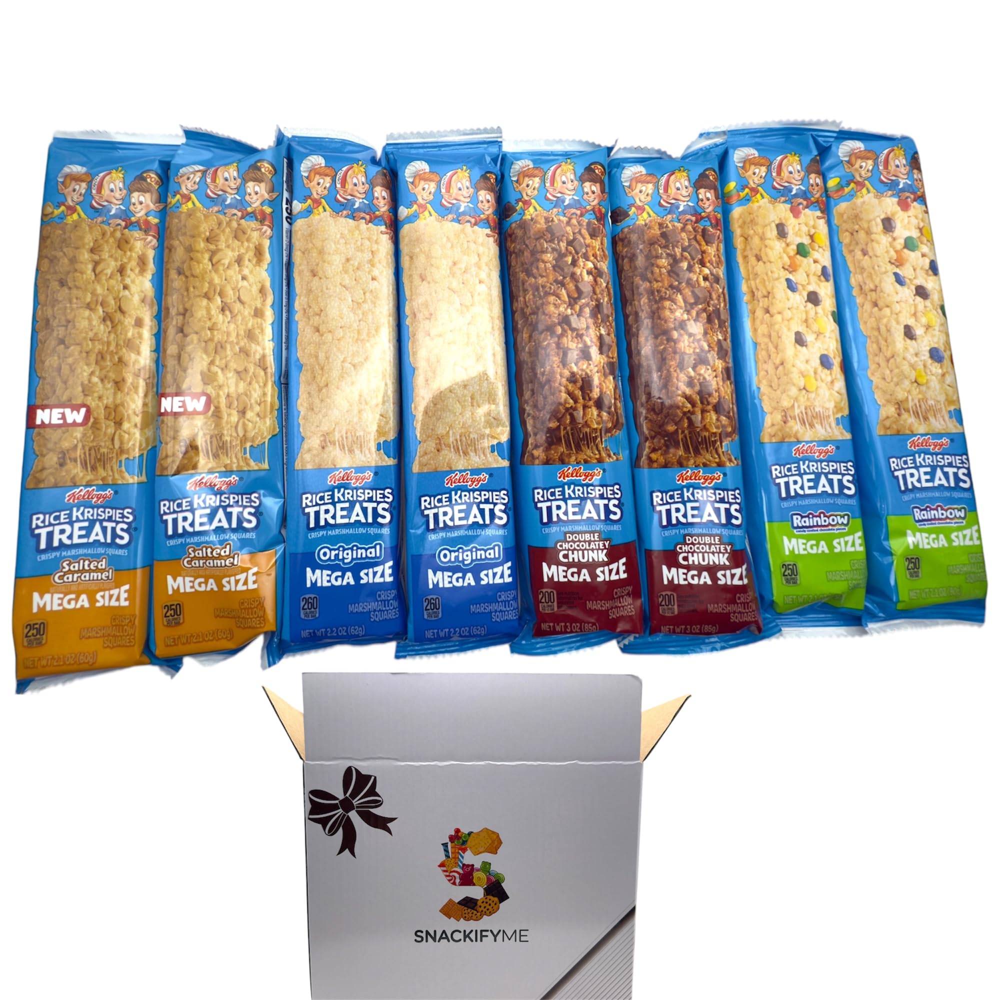 SNACKIFYME Gift box Mega Size Crispy Marshmallow Squares Variety Pack - Salted Caramel, Original, Double Chocolatey Chunk, Rainbow - 8 Pack