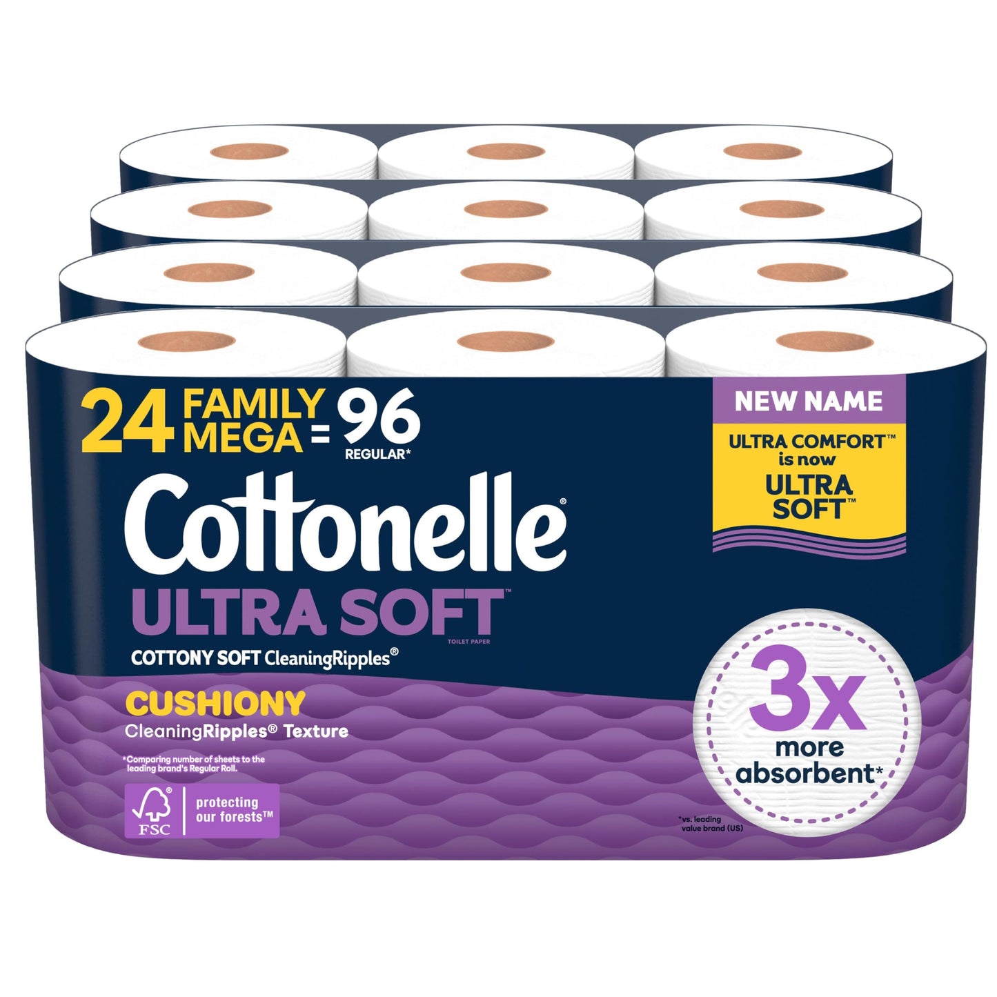 Cottonelle Ultra Soft Toilet Paper with Cushiony CleaningRipples Texture, Strong Bath Tissue, 24 Family Mega Rolls = 108 Regular Rolls (4 Packs of 6)