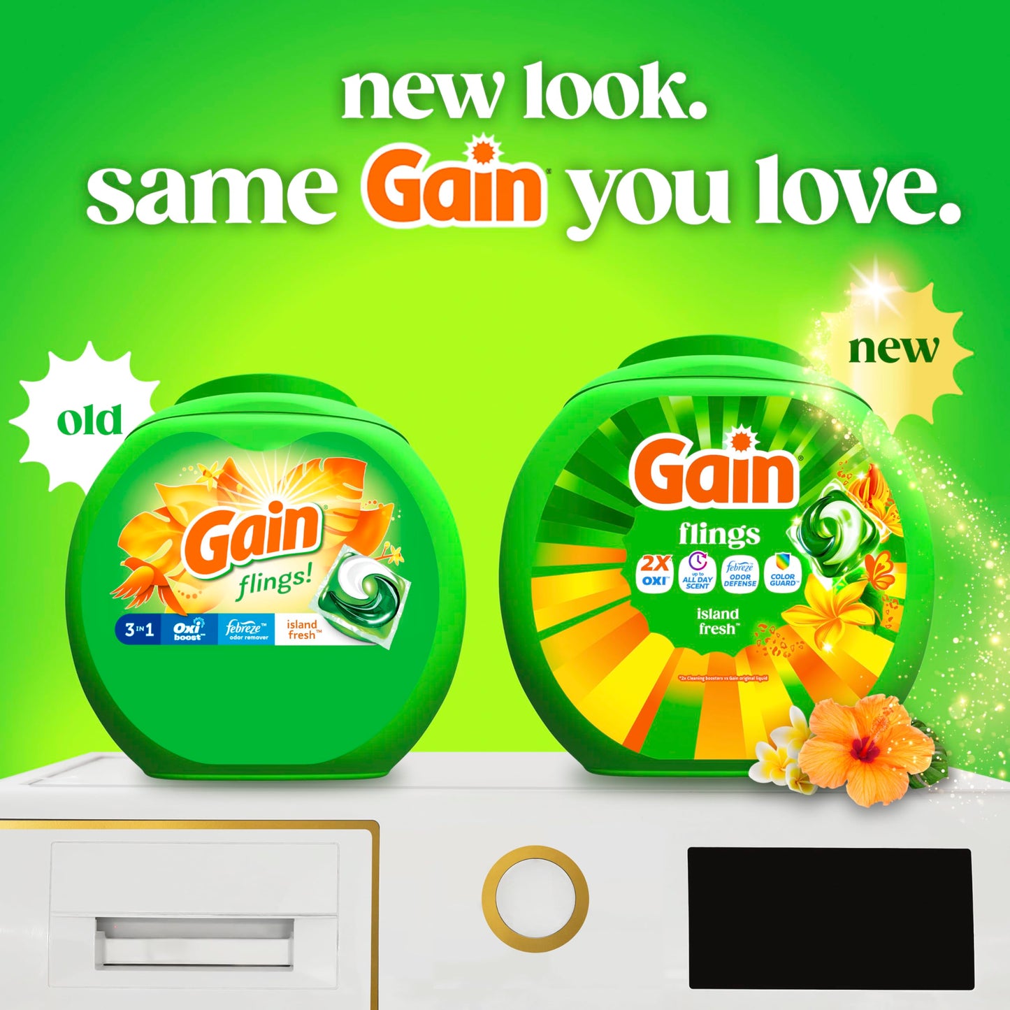 Gain Flings Liquid Washing Detergent Pacs with Odor Defense + Color Guard, Island Fresh Scent, 4-In-1 Liquid Laundry Detergent Pods, Clean & Fresh, 60