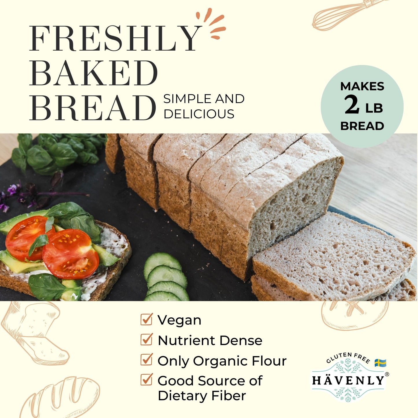 Havenly Rustic Bread Mix 18.5 oz Gluten Free Flour | Vegan, Dairy Free, Nut Free, Soy Free, Kosher Bread Flour | No sugar added | No Knead - Easy to Make | High Fiber Wholegrain Gluten Free Flour | Yeast for Baking Included