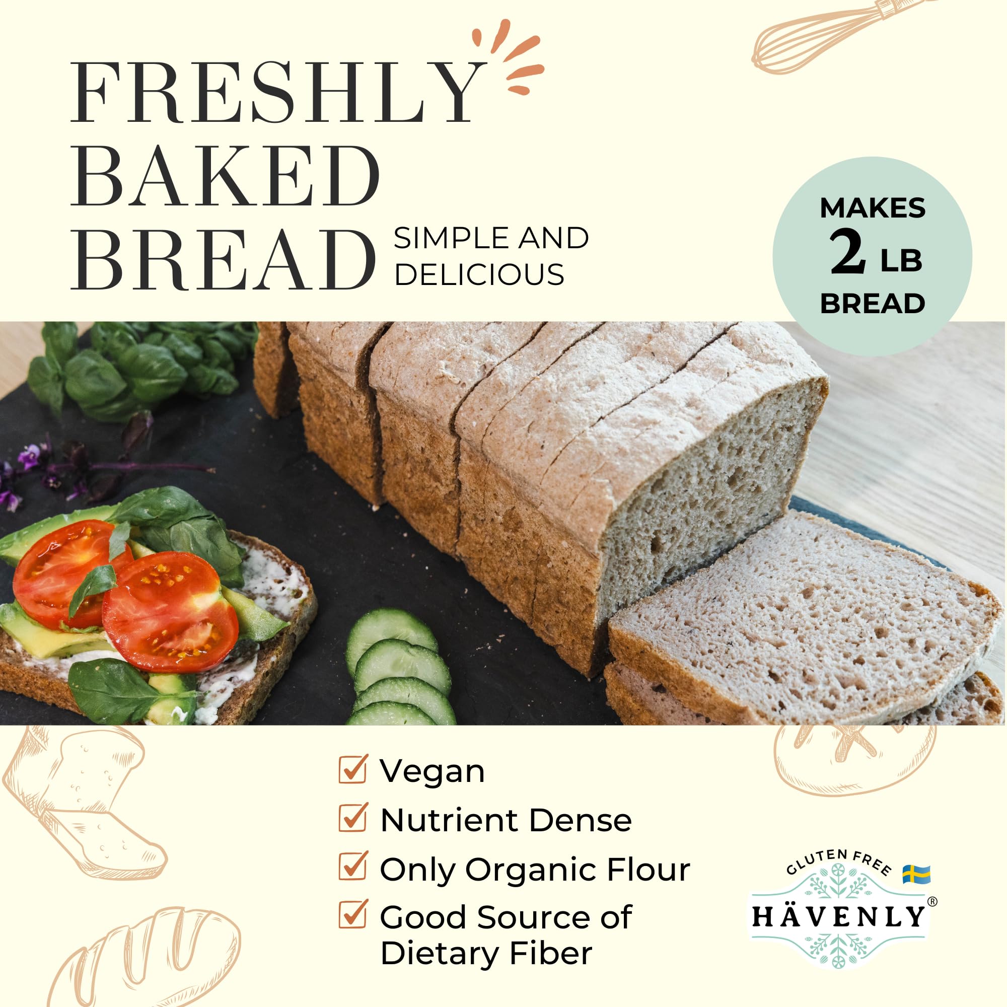 Havenly Rustic Bread Mix 18.5 oz Gluten Free Flour | Vegan, Dairy Free, Nut Free, Soy Free, Kosher Bread Flour | No sugar added | No Knead - Easy to Make | High Fiber Wholegrain Gluten Free Flour | Yeast for Baking Included