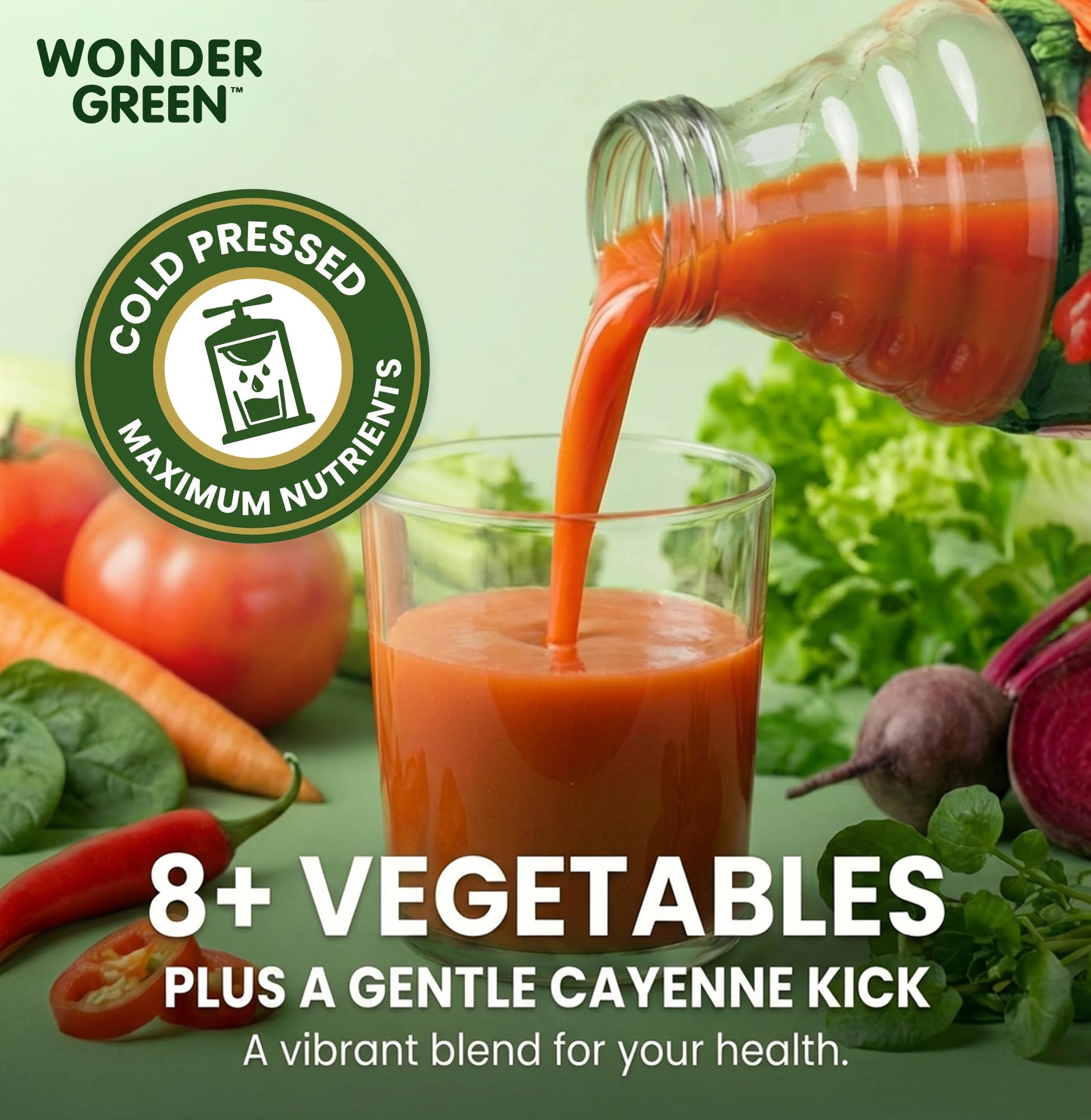 Wonder Green Organic Veg8 + Cayenne Cold Pressed Juice - 6 Pack (8.45 oz) - 100% Vegetable Juice, Low Sodium, No Added Sugar, Not From Concentrate