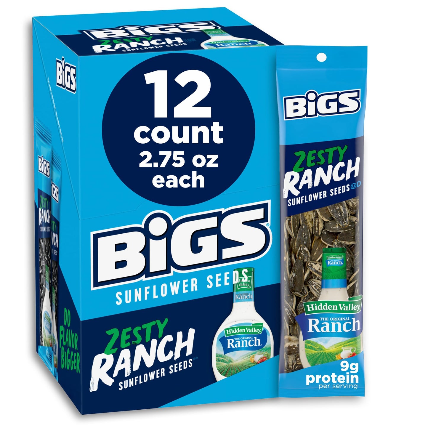 BIGS Sunflower Seeds, Hidden Valley Zesty Ranch Flavor, 2.75 oz. (Pack of 12)