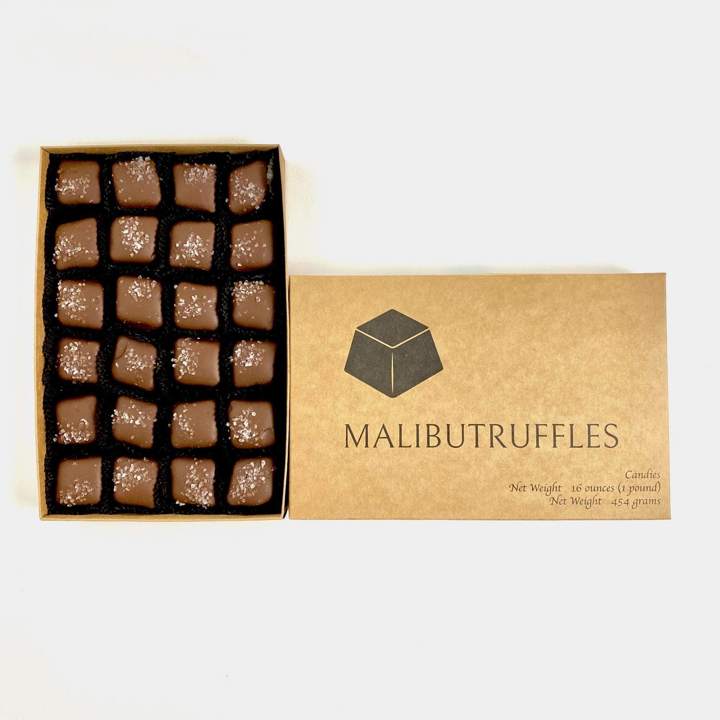 1 lb fancy candy box of gourmet Sea Salt Caramels. Each candy is hand dipped in Dark Chocolate an topped with Sea Salt. A chewy, smooth, and creamy