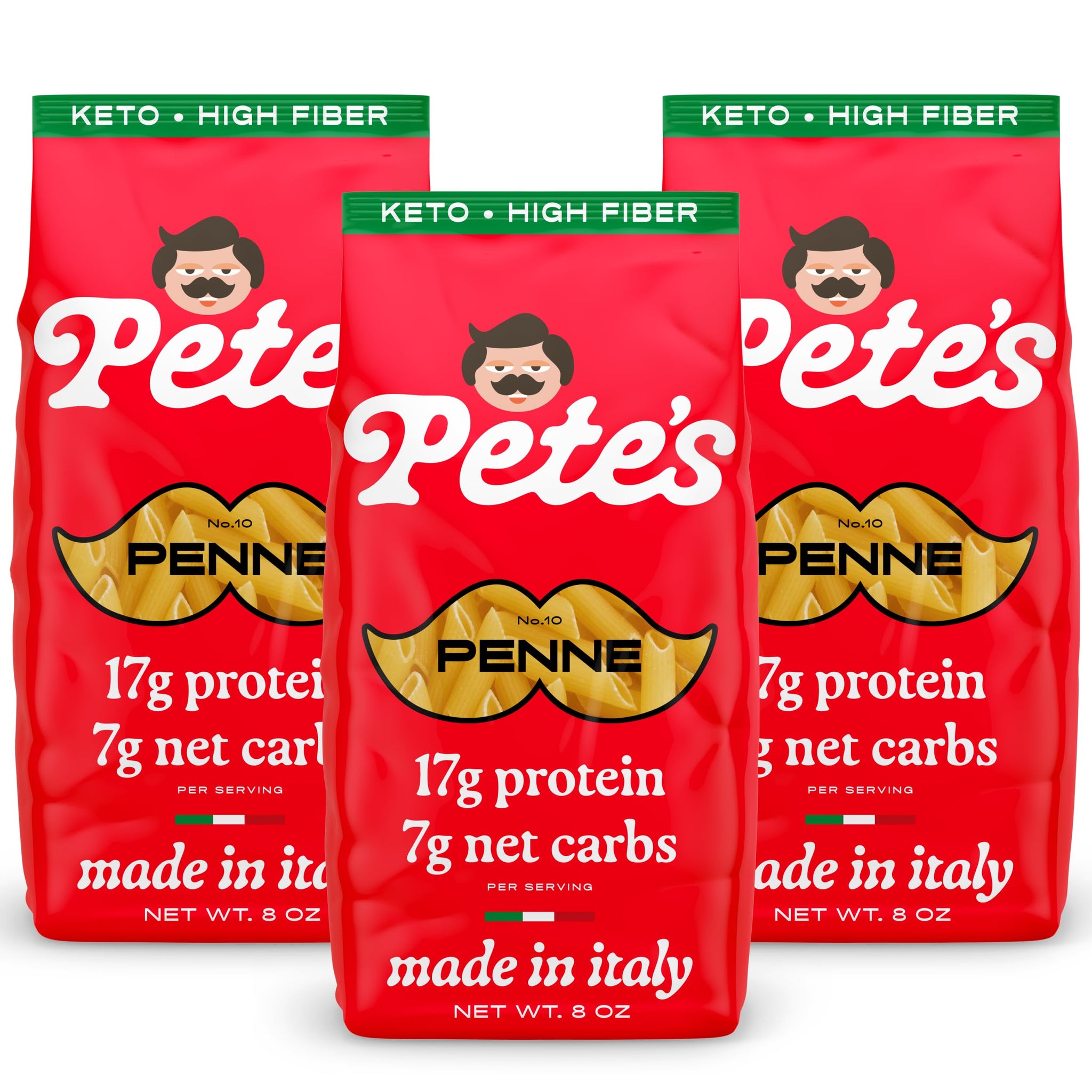 Low Carb, Protein Pasta | Penne with 17g Protein, 7g Carbs | Healthy, Keto Pasta Made in Italy | 3-Pack, 8oz - Pete’s Pasta