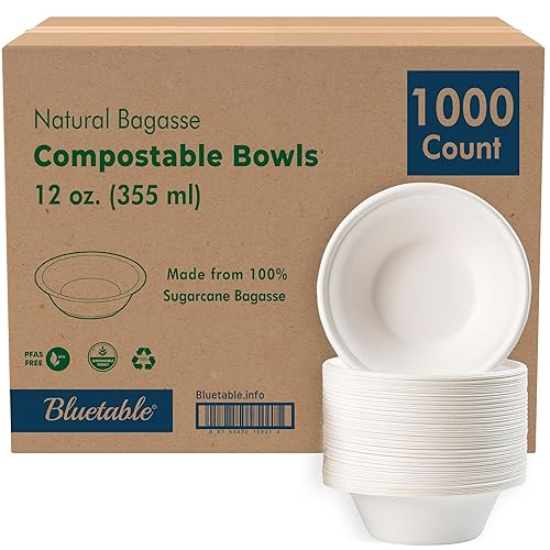 Paper Bowls Disposable Bowls Compostable [1000 Pack] Bulk 12 oz Biodegradable Bowl - Case Pack Good For Hot Soup Chili - Made from 100% Sugarcane