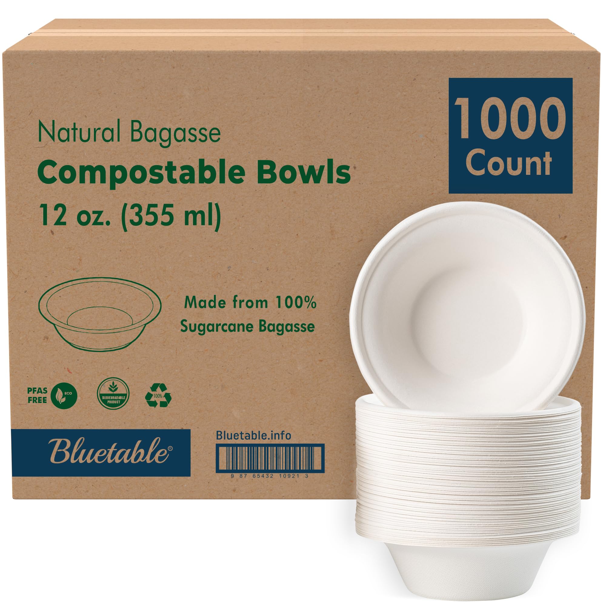 Paper Bowls Disposable Bowls Compostable [1000 Pack] Bulk 12 oz Biodegradable Bowl - Case Pack Good For Hot Soup Chili - Made from 100% Sugarcane