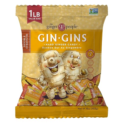 GIN GINS Double Strength Ginger Hard Candy - Natural Ginger Candy by The Ginger People - Individually Wrapped Healthy Candy - Double Strength Flavor