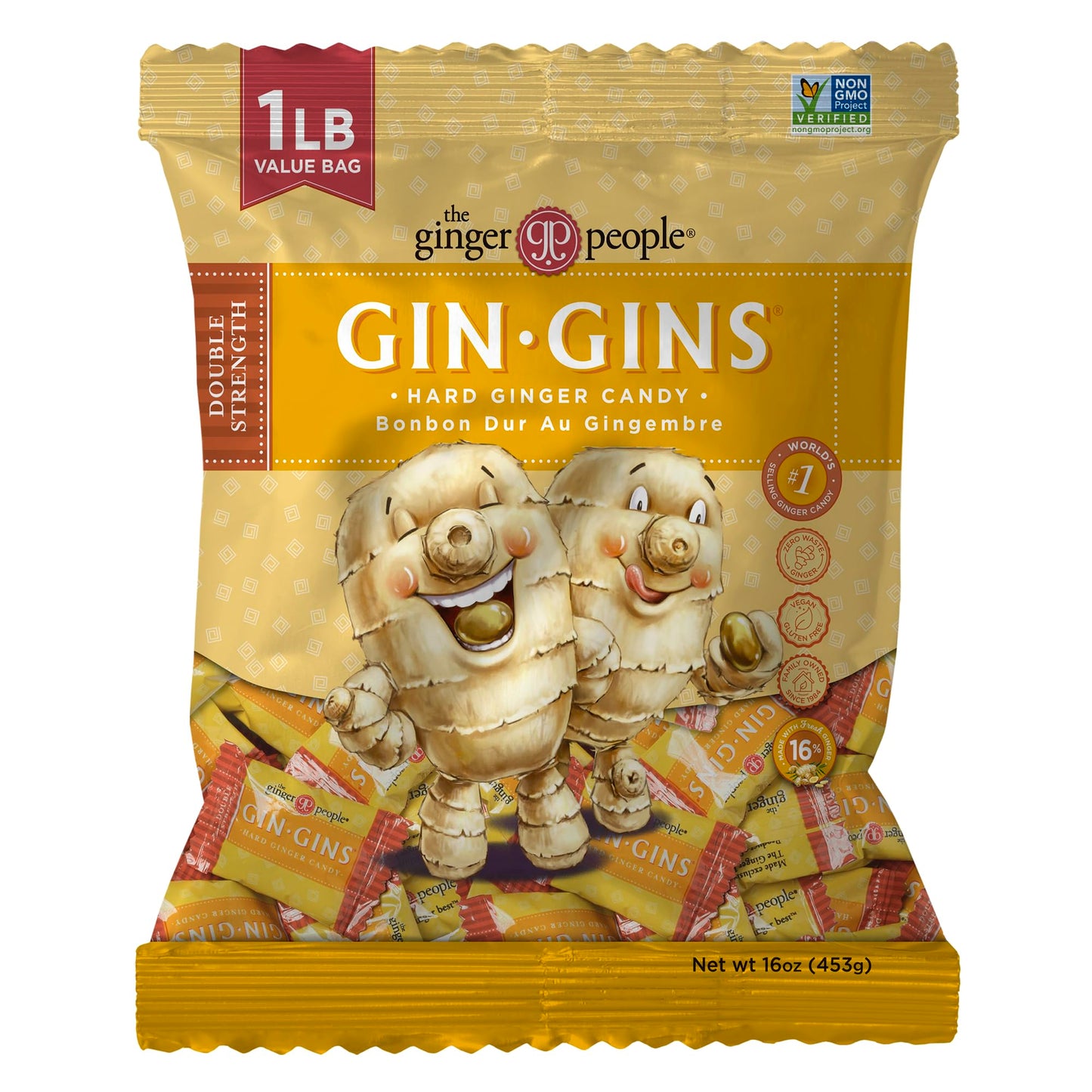 GIN GINS Double Strength Ginger Hard Candy - Natural Ginger Candy by The Ginger People - Individually Wrapped Healthy Candy - Double Strength Flavor