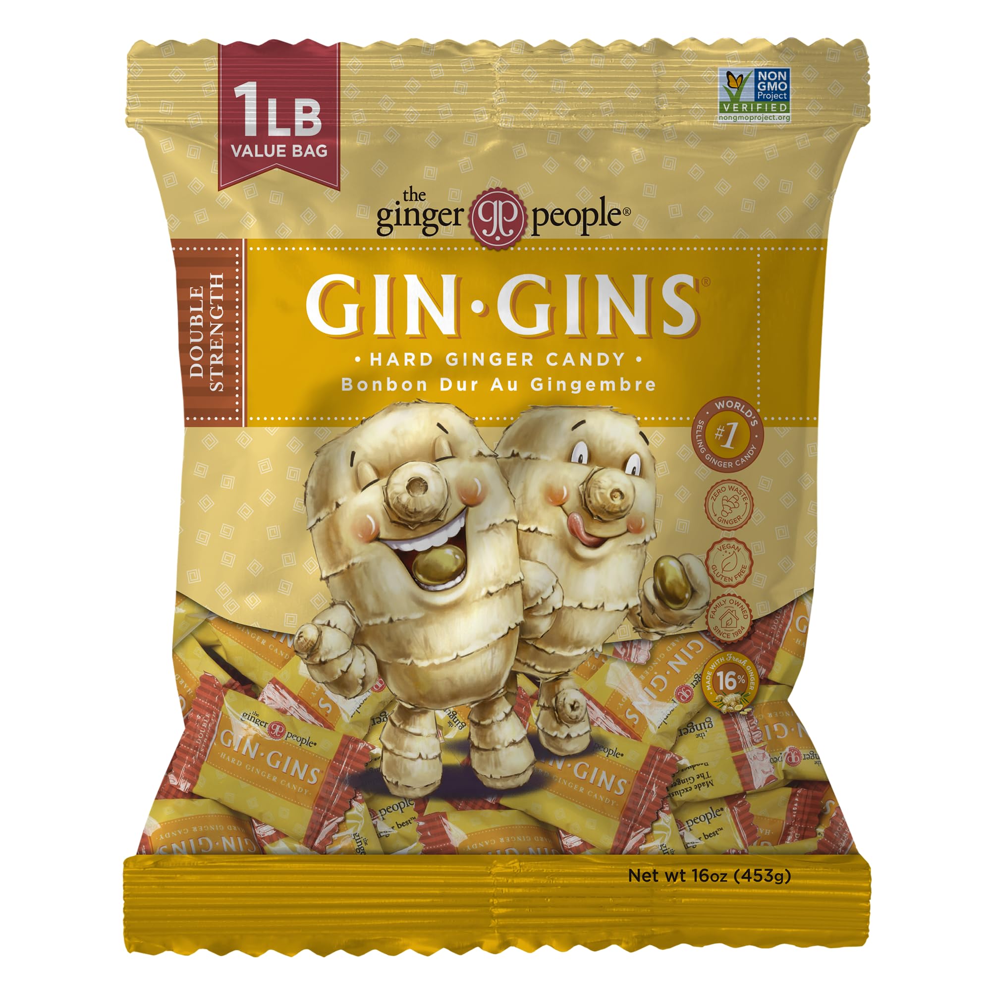 GIN GINS Double Strength Ginger Hard Candy - Natural Ginger Candy by The Ginger People - Individually Wrapped Healthy Candy - Double Strength Flavor