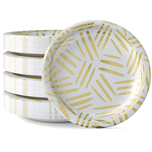 Party Solids Gold Motif Paper Plates Disposable Heavy Duty 10 Inch White and Gold Paper Plates for Party 96 Pcs Heavy Duty 350 GSM, Birthday Supplies