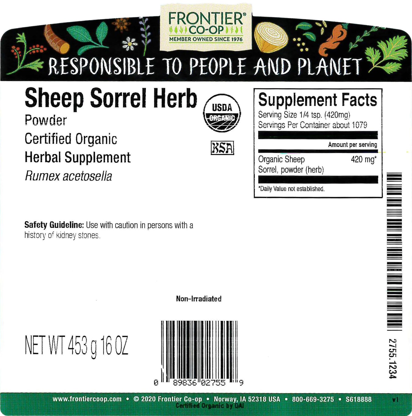 Frontier Co-op Organic Sheep Sorrel Powder, 1lb Bulk Bag - Natural Herbal Powder with Sharp, Tangy Flavor for Herbal Teas and Essiac Blends, Kosher