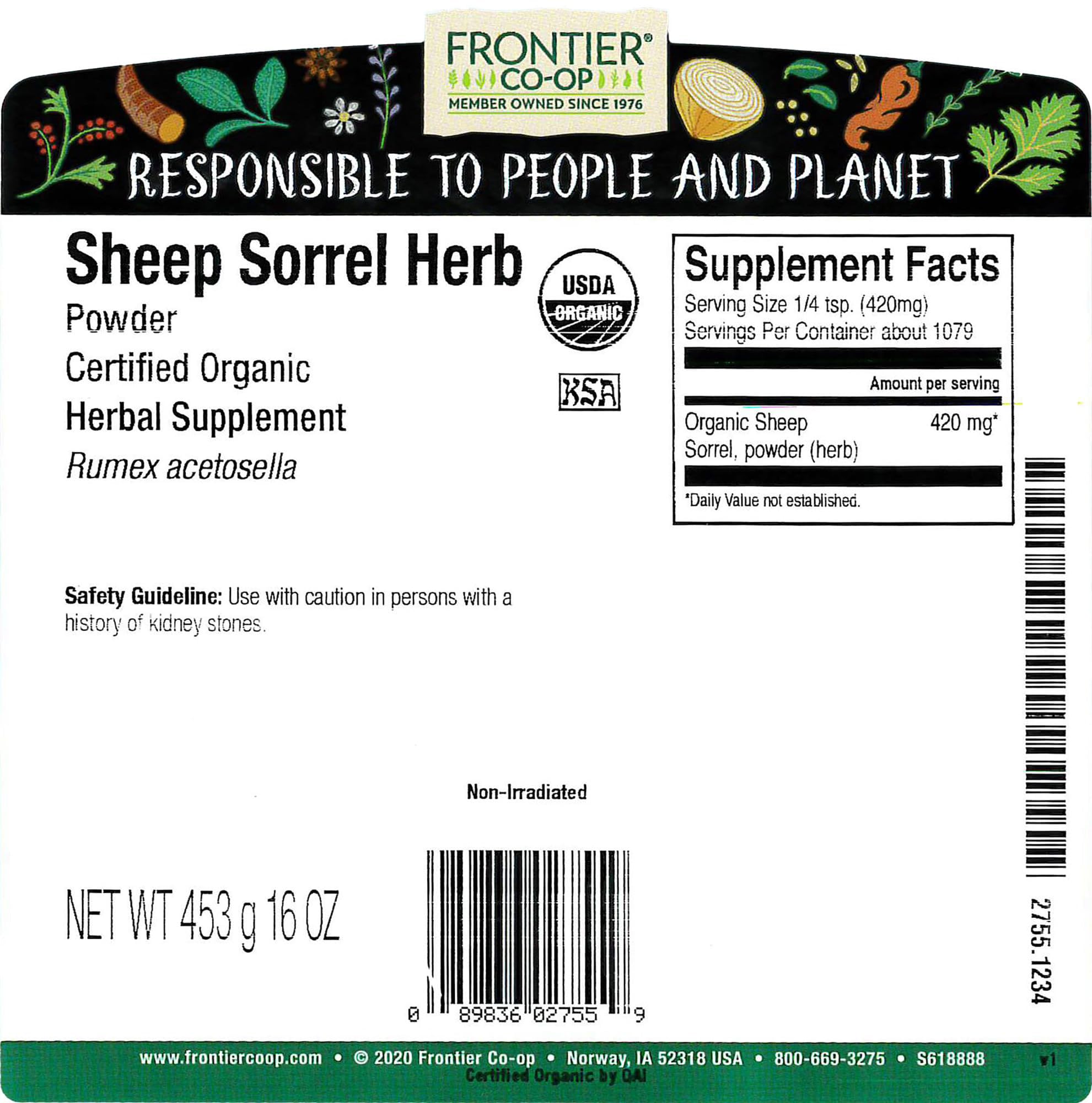 Frontier Co-op Organic Sheep Sorrel Powder, 1lb Bulk Bag - Natural Herbal Powder with Sharp, Tangy Flavor for Herbal Teas and Essiac Blends, Kosher