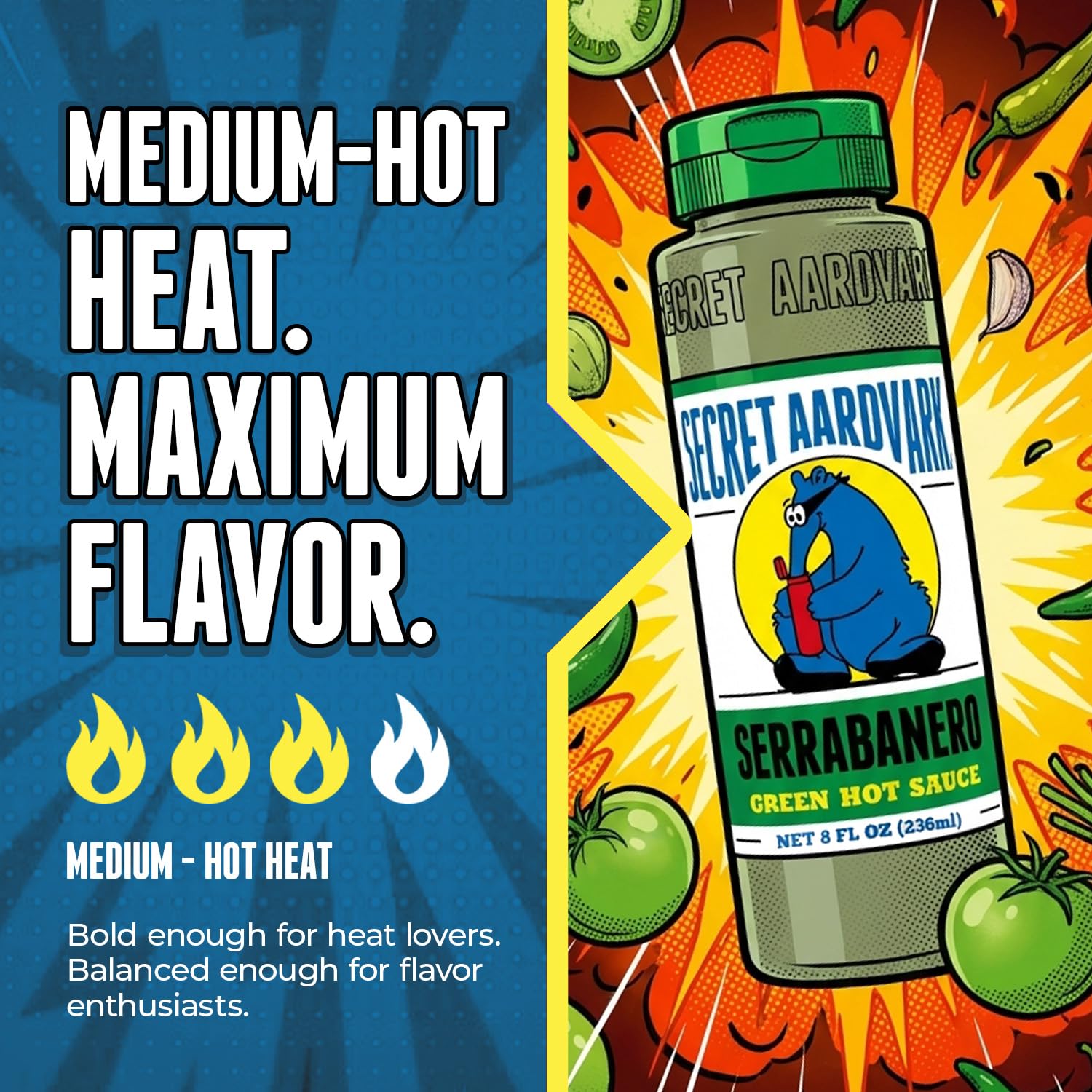 Secret Aardvark Serrabanero Green Hot Sauce, Non-GMO, 8 fl oz