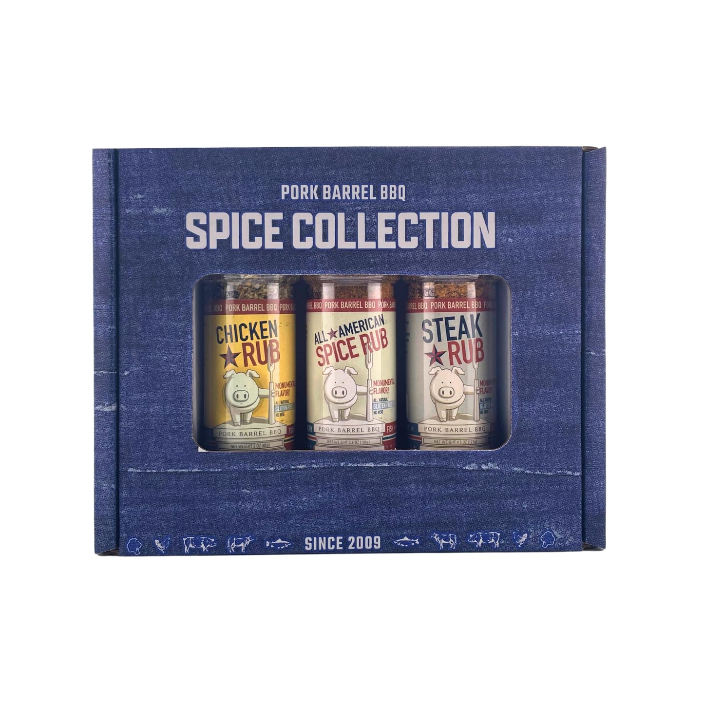 Pork Barrel BBQ Spice Collection Gift Pack | Gifts for Men| 3.8 oz All American Spice, 4.5 oz Steak and 3 oz Chicken, All Purpose BBQ Rub - No MSG