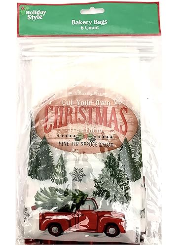 Bakery Bags for Cookies Bread Gift Giving Cakes Treats with Window Resealable Red Truck Christmas Tree Farm Buffalo Check 6 Ct.