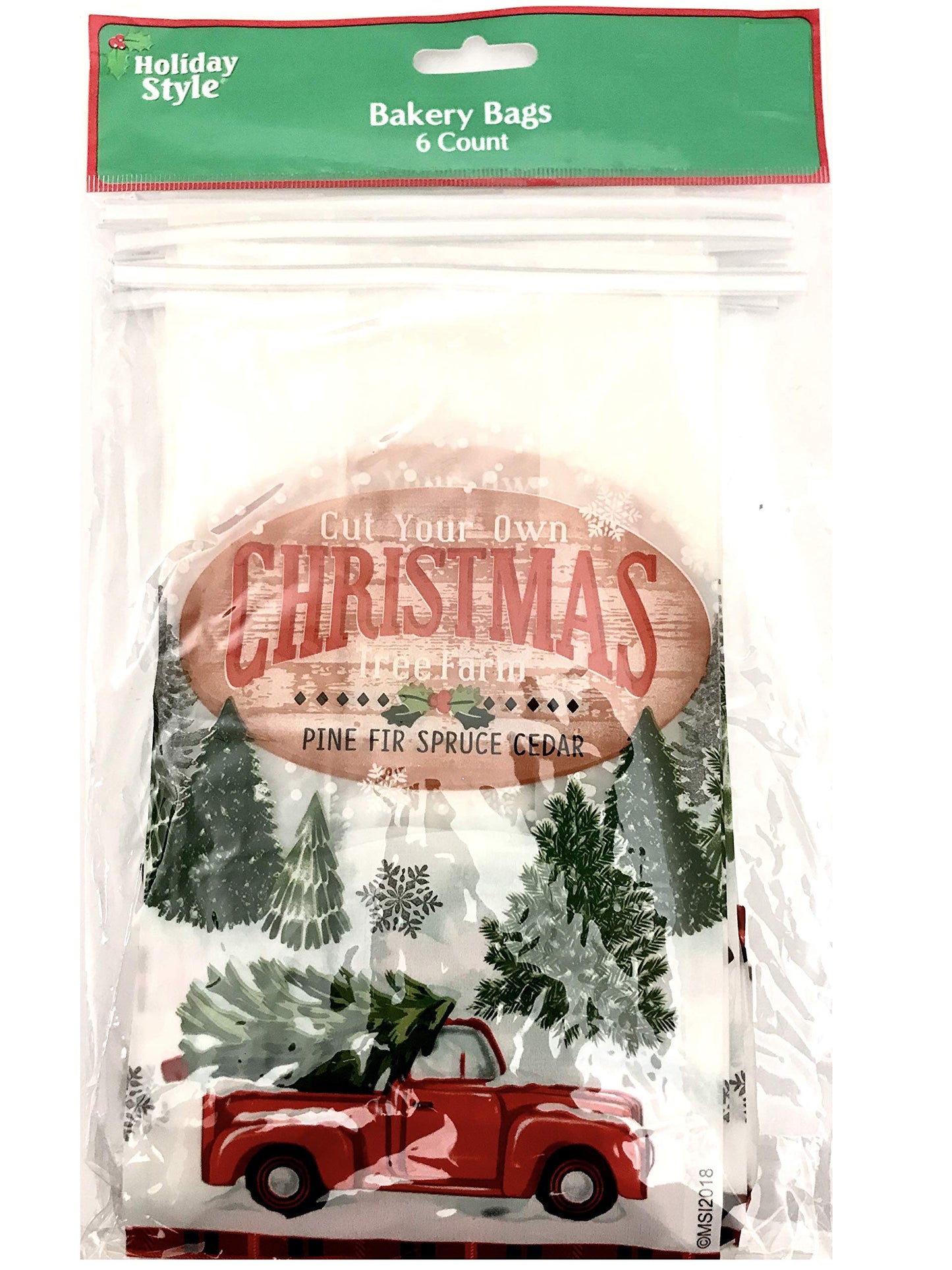 Bakery Bags for Cookies Bread Gift Giving Cakes Treats with Window Resealable Red Truck Christmas Tree Farm Buffalo Check 6 Ct.
