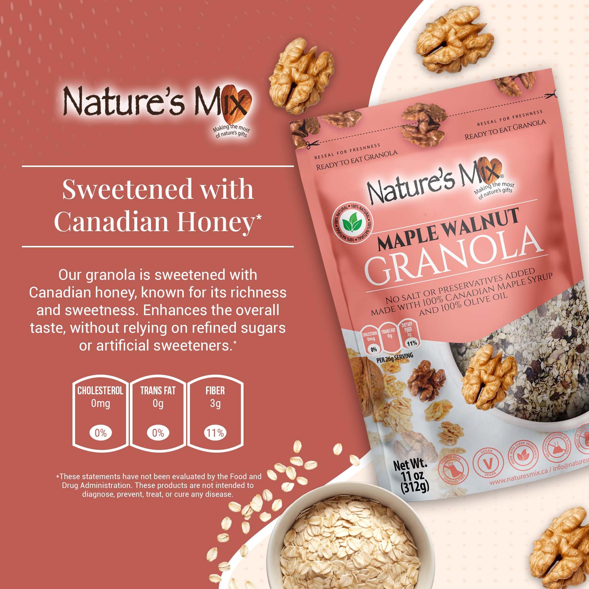 Nature's Mix - Maple Walnut Granola - Walnuts, Raisins and Currants - Sweetened with Maple Syrup - No Sugar, Salt, or Preservatives - Small Size
