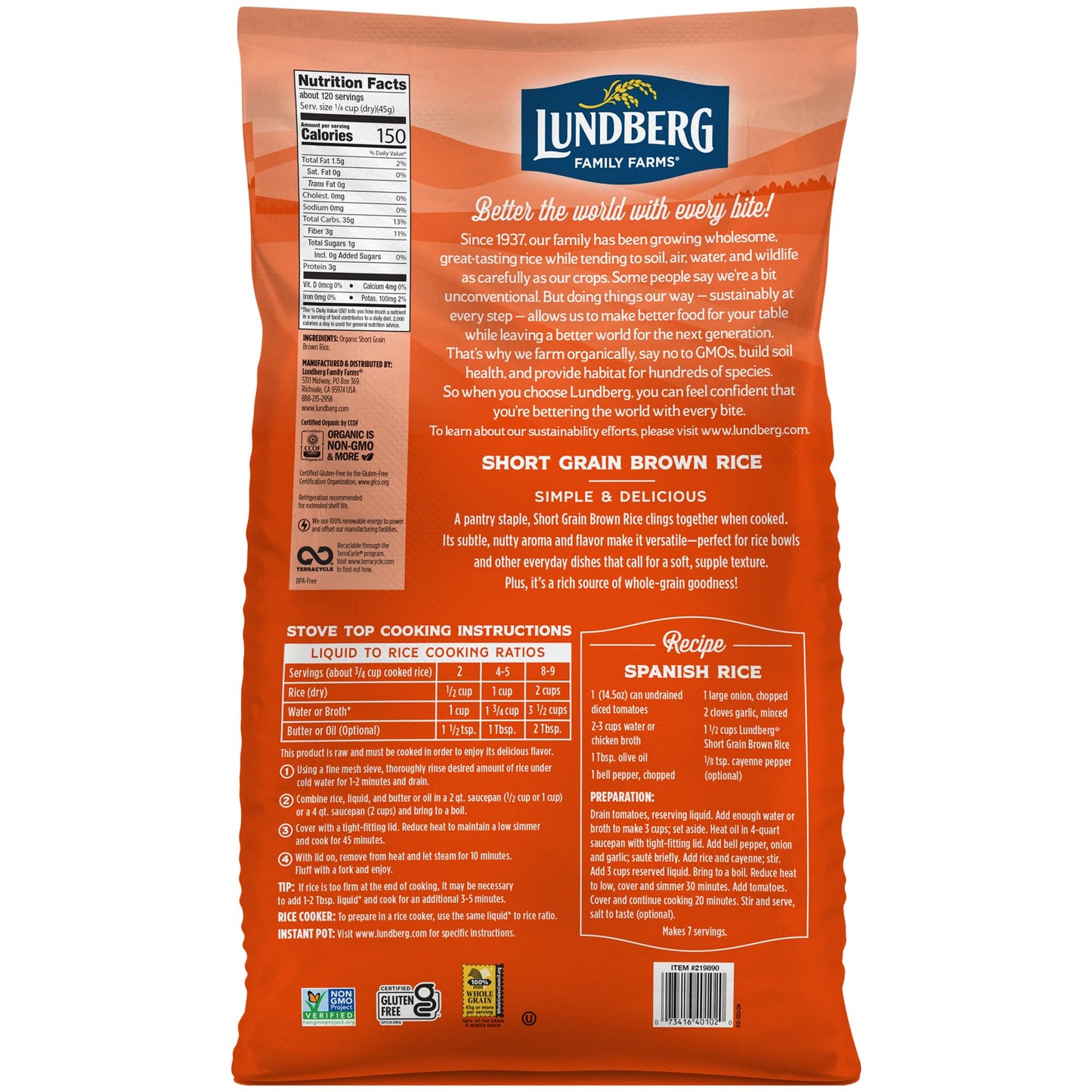 Lundberg Organic Short Grain Brown Rice, Bulk Bag, Sticky Rice, 12 Lb