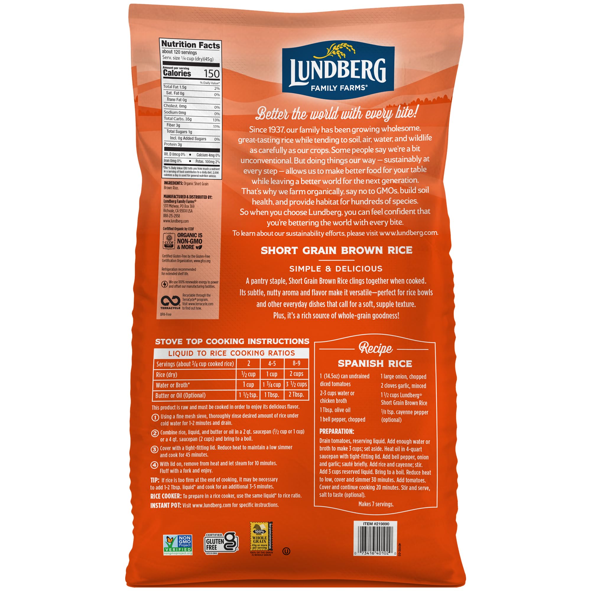 Lundberg Organic Short Grain Brown Rice, Bulk Bag, Sticky Rice, 12 Lb