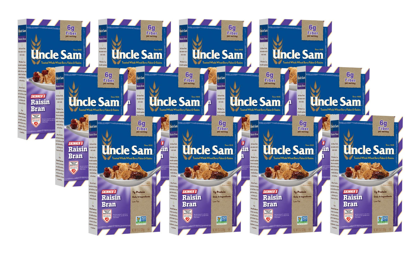Uncle Sam Skinner's Raisin Bran Cereal, High Fiber, Whole Grain, Non-GMO Project Verified, Heart Healthy, Kosher, Vegan, 13 Oz Box (Pack of 12)