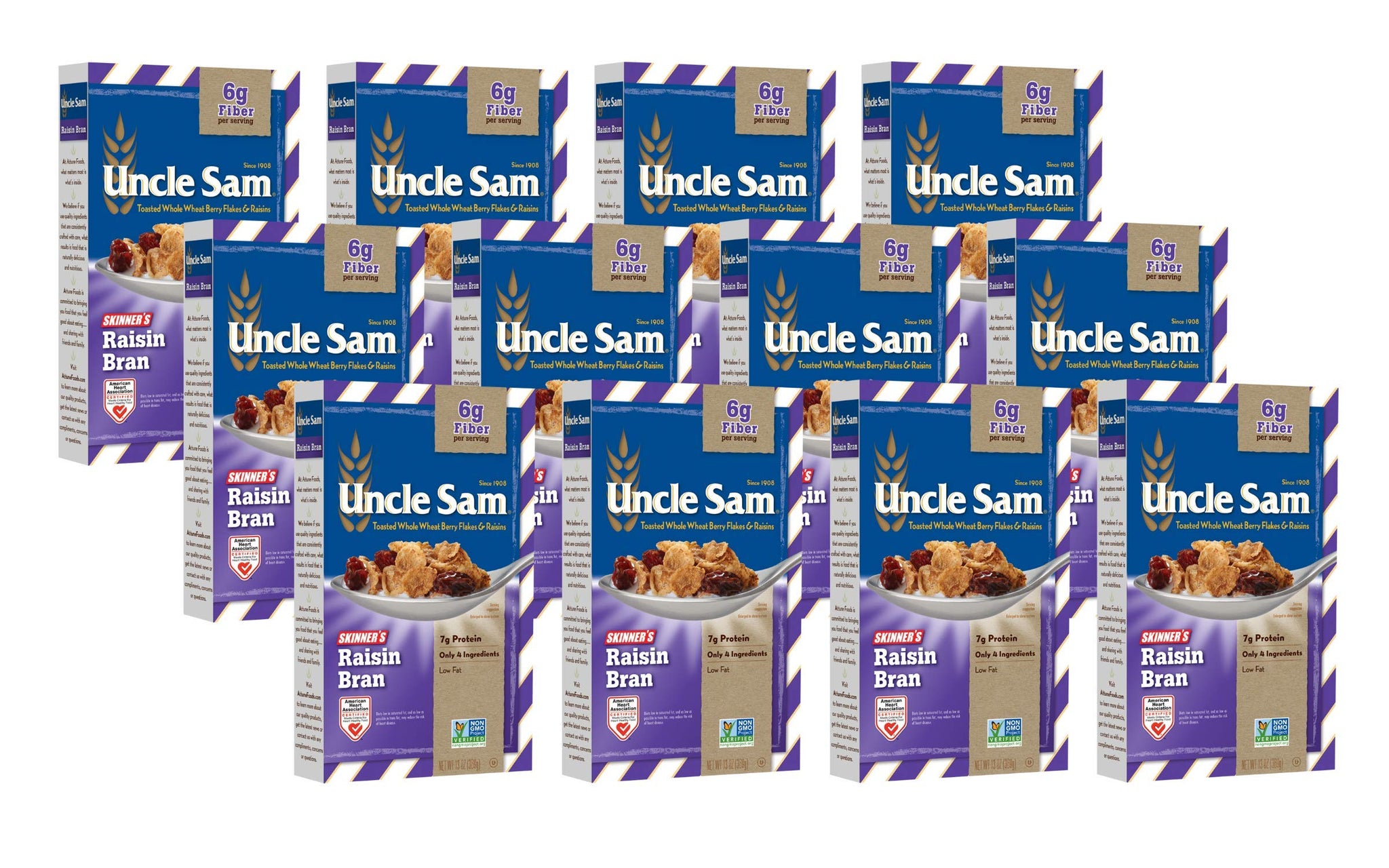 Uncle Sam Skinner's Raisin Bran Cereal, High Fiber, Whole Grain, Non-GMO Project Verified, Heart Healthy, Kosher, Vegan, 13 Oz Box (Pack of 12)