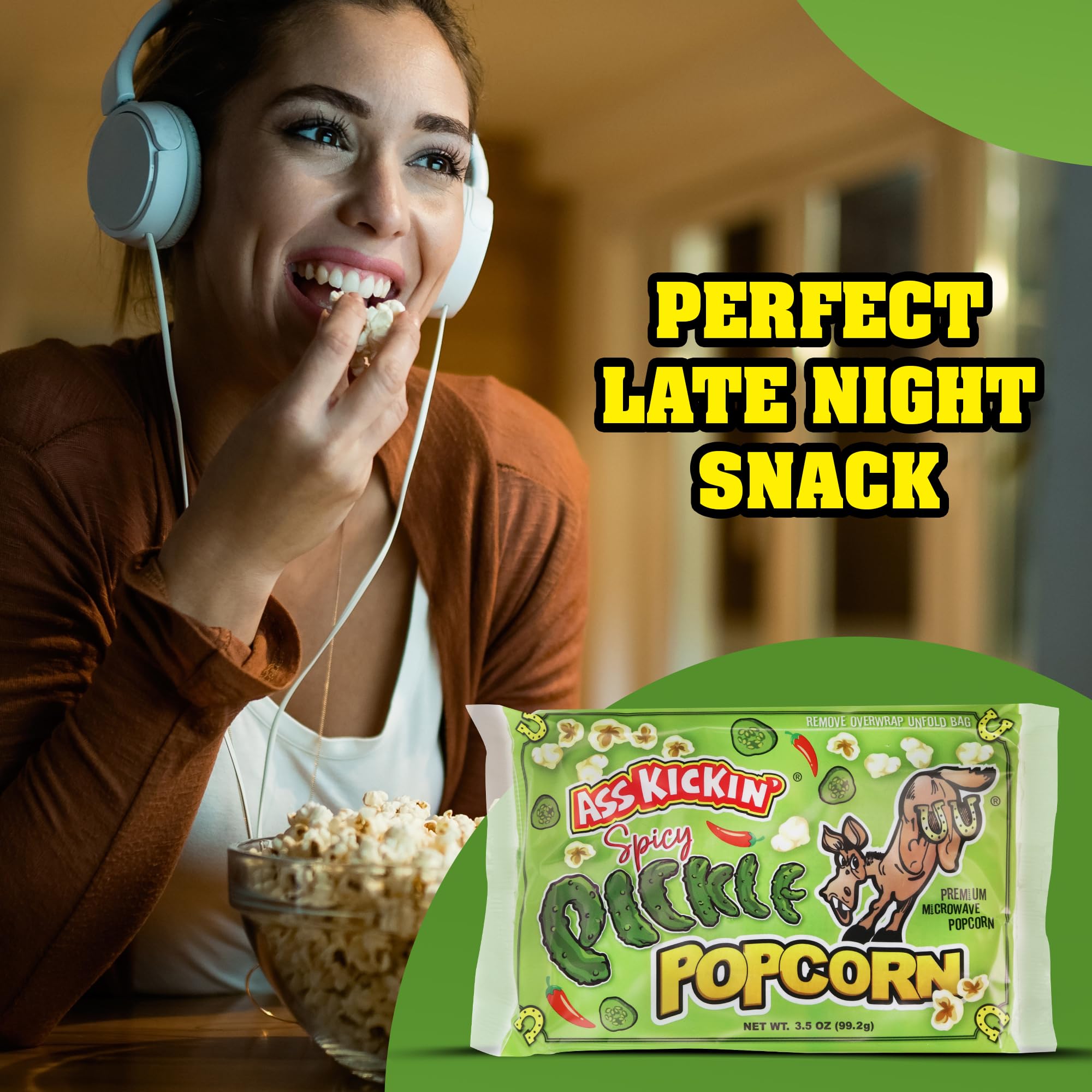 ASS KICKIN' Spicy Pickle Microwave Popcorn Bags - 3 Packs - Ultimate Spicy Pickle Gourmet Popcorn Gift - Makes a Great Movie Theater Popcorn or Snack