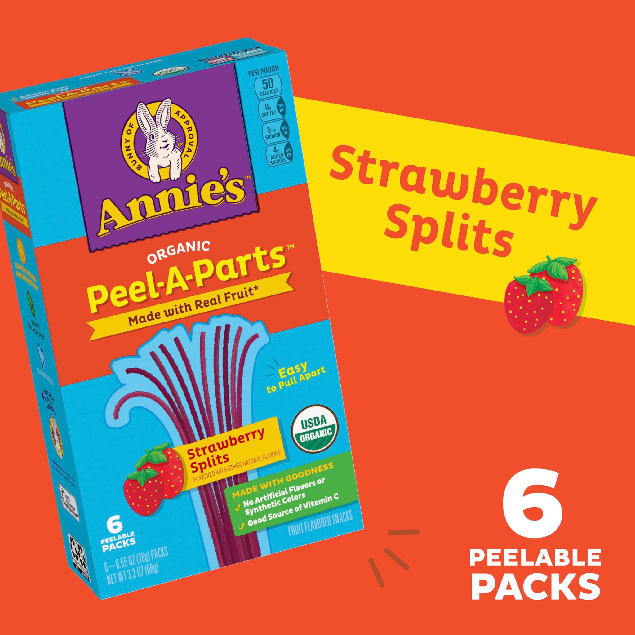 Annie's Organic Peel-A-Parts Fruit Flavored Snacks, Strawberry Splits, Gluten Free, 6 Count, 3.3 oz