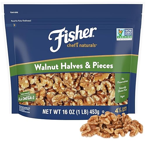 Fisher Chef's Naturals Walnut Halves & Pieces 16 oz, 100% California Unsalted Walnuts for Baking & Cooking, Healthy Snacks for Adults, Resealable Bag