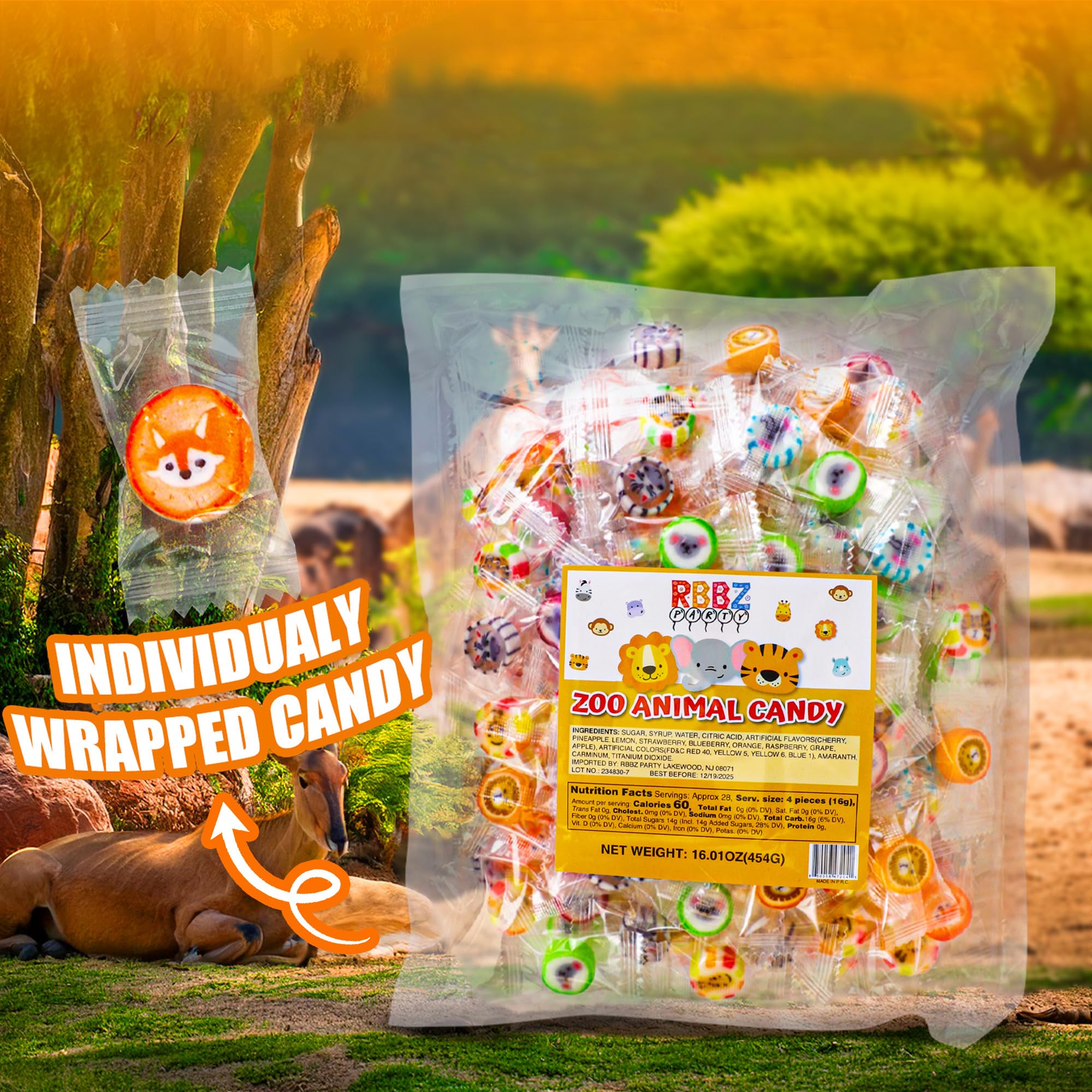 Animal Candy - Hard Candy Bulk 1 lb Bag of Individually Wrapped Small Hard Candies Assortment - Great for Office Candy - Safari Party Favors - Cute