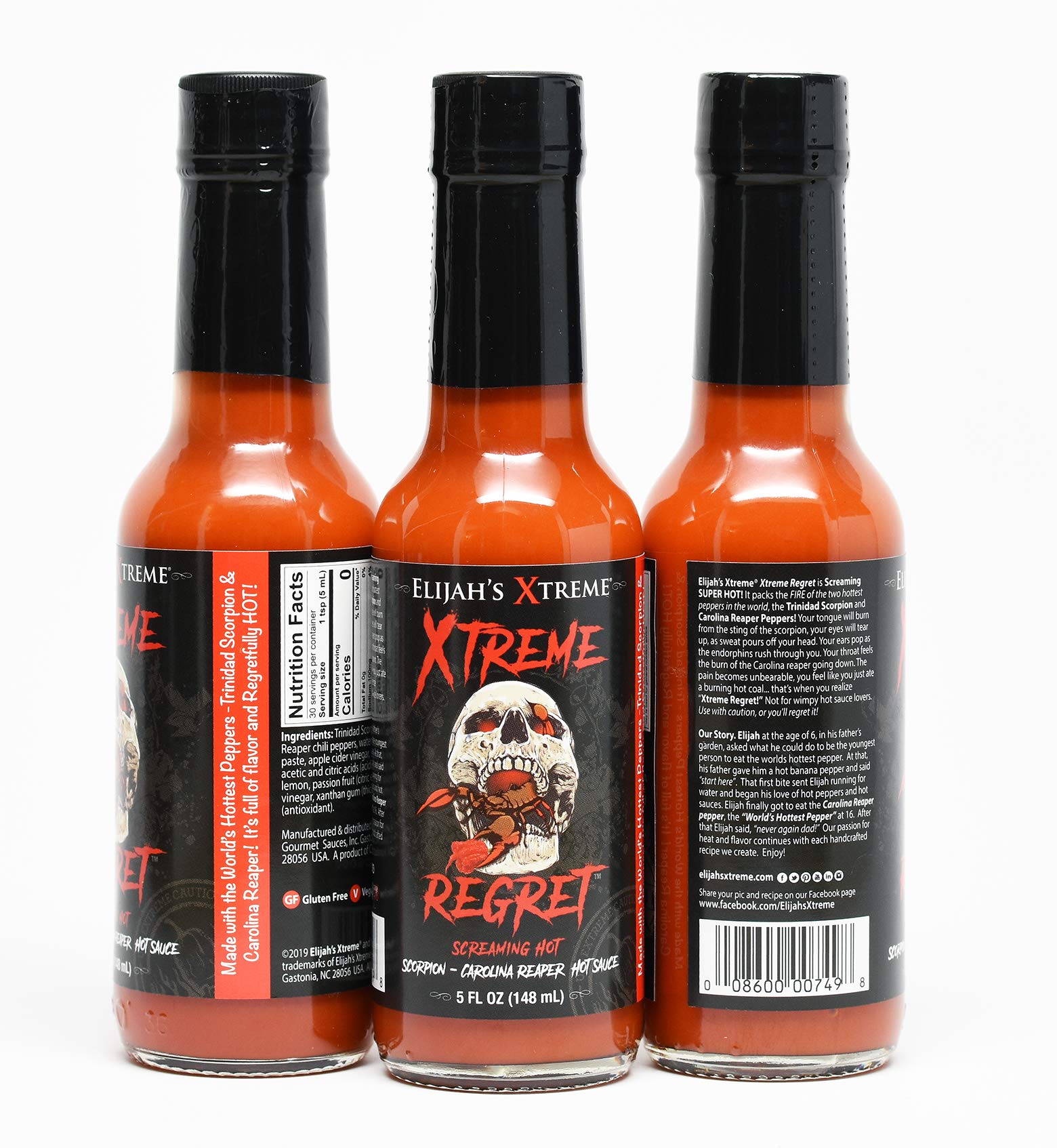 Elijah's Xtreme Regret Hot Sauce 3 Pack - Carolina Reaper and Trinidad Scorpion - The 2 Hottest Peppers in the World for an Extreme Fiery Heat