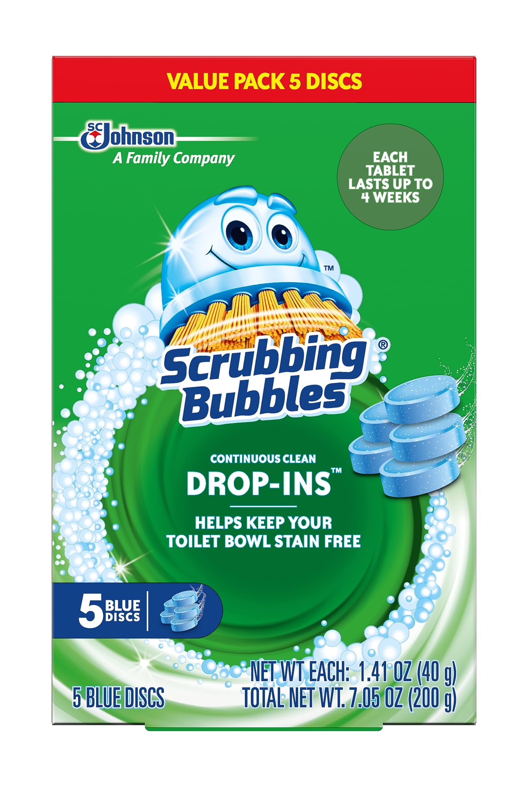 Scrubbing Bubbles Continuous Clean Toilet Drop-Ins, Automatic Blue Toilet Bowl Cleaner, Septic-Safe Tank Tablets Remove Hard Water Minerals