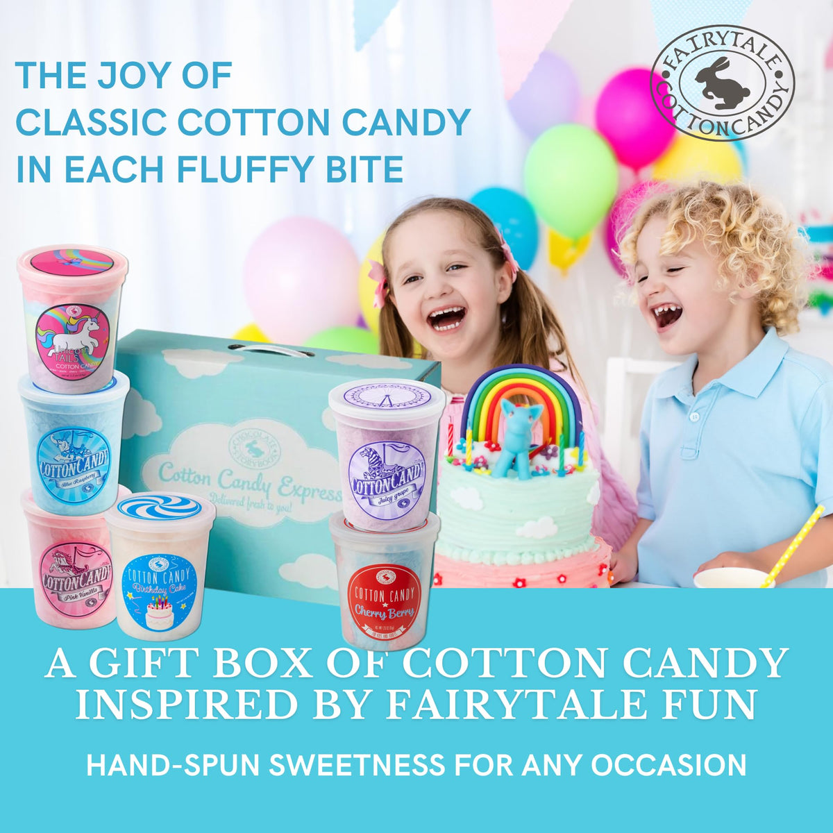 CHOCOLATE STORYBOOK Cotton Candy, Gift Box - Unicorn Tails, Blue Raspberry, Classic Pink, Birthday Cake, Grape, Cherry Berry - (Variety, 6-Pack)