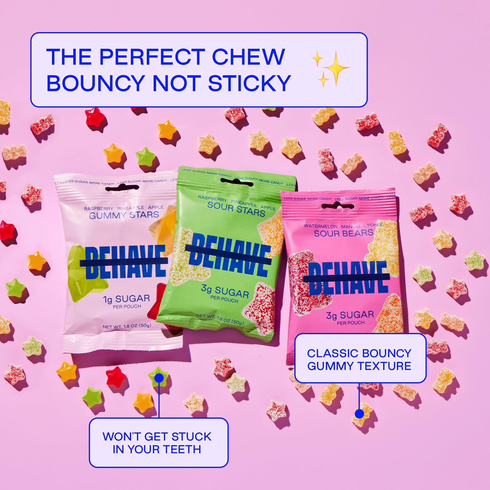 BEHAVE Low Sugar Gummy Candy (The Everything Pack, 6 Pouches) | Keto, Diabetic Friendly, High Fiber, Gluten-Free & Non-GMO