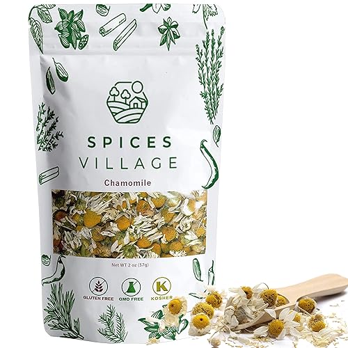 SPICES VILLAGE Dried Chamomile Flowers, Loose Leaf Chamomile Tea, 2 oz, Natural, Aromatic, Perfect for Herbal Teas, Flowering Tea, DIY Recipes