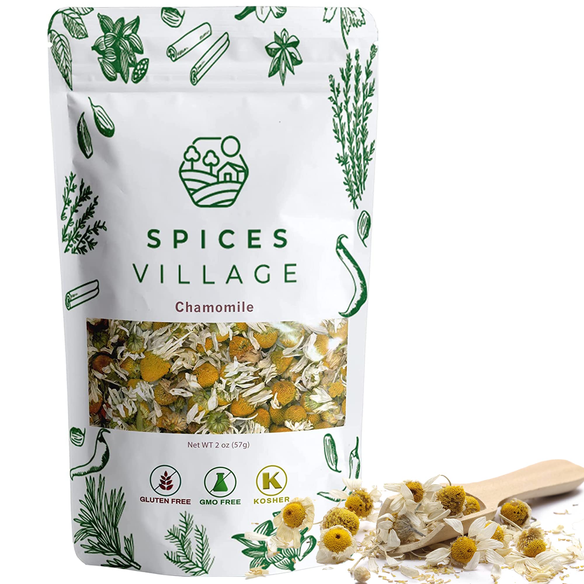 SPICES VILLAGE Dried Chamomile Flowers, Loose Leaf Chamomile Tea, 2 oz, Natural, Aromatic, Perfect for Herbal Teas, Flowering Tea, DIY Recipes