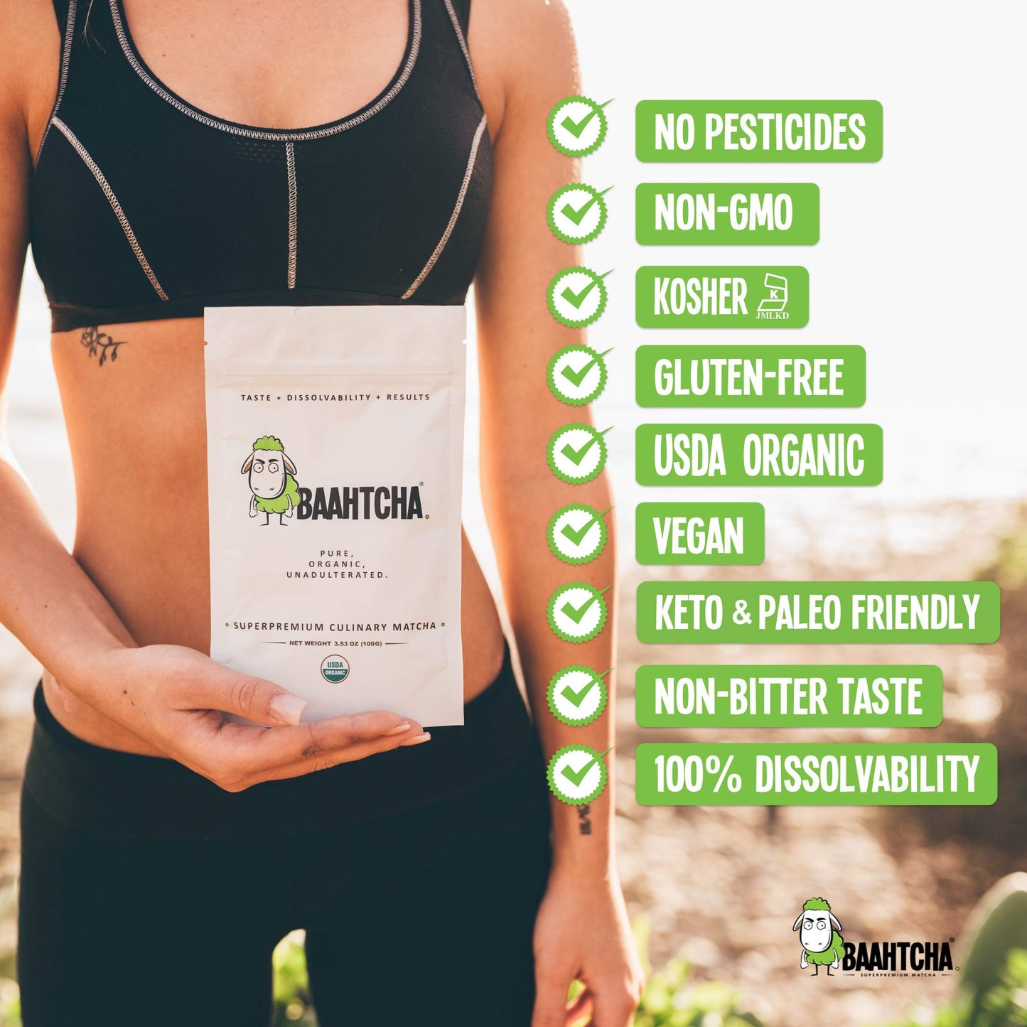Baahtcha - USDA Organic Matcha Green Tea Powder - Premium Culinary Grade Natural Caffeine Energy Booster, Antioxidant, Kosher, Keto Friendly, Vegan