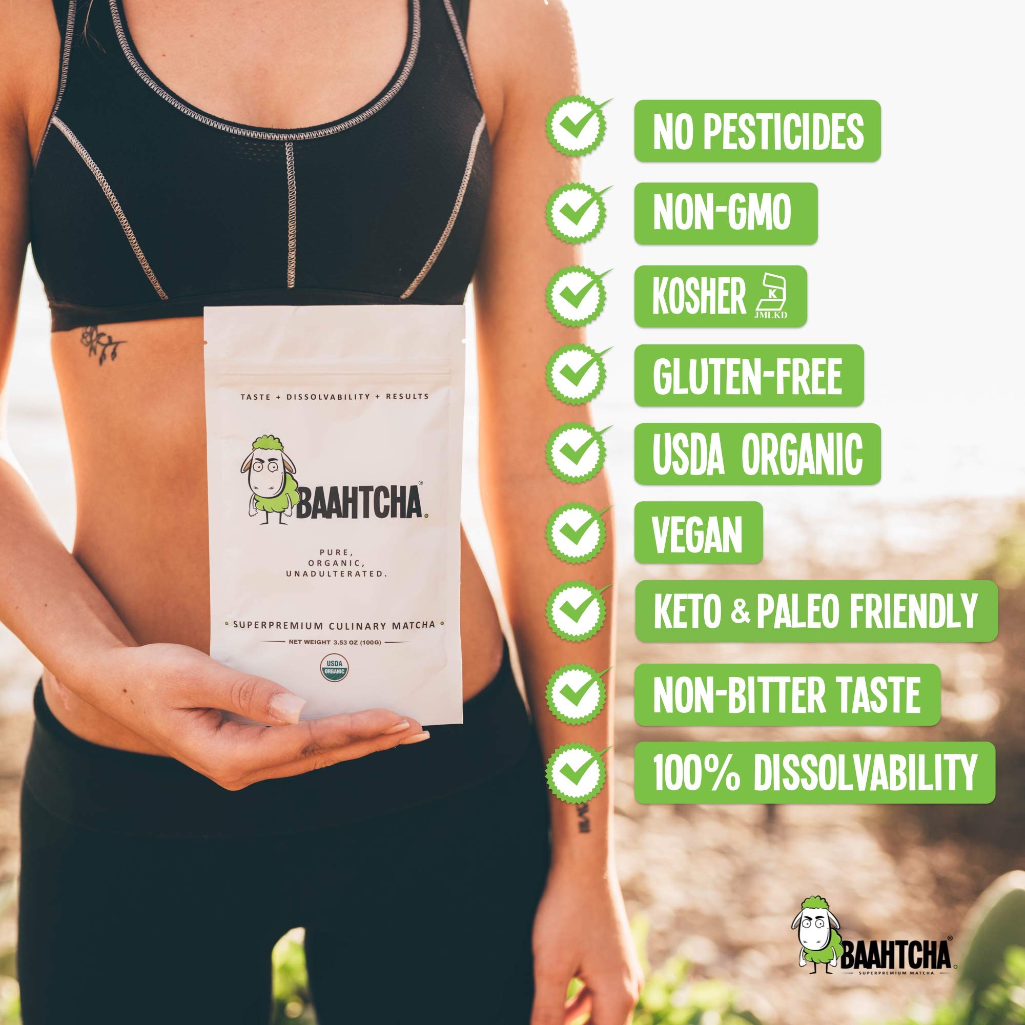 Baahtcha - USDA Organic Matcha Green Tea Powder - Premium Culinary Grade Natural Caffeine Energy Booster, Antioxidant, Kosher, Keto Friendly, Vegan