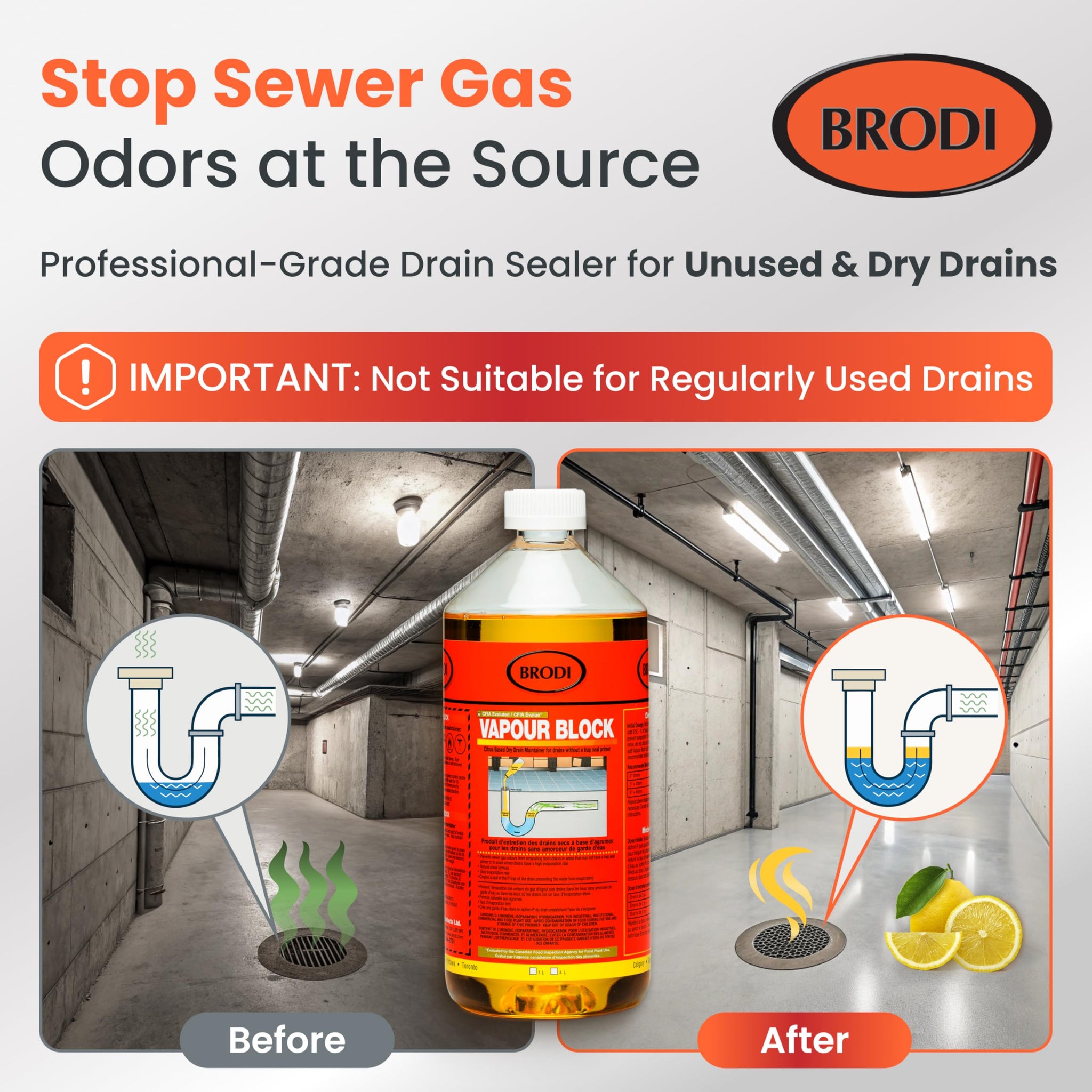 VapourBlock Drain Sealer Liquid & Trap Primer for Unused & Dry Drains, Citrus-Based, Blocks Sewer Gas Odors & Stops P-Trap Evaporation in Cabins